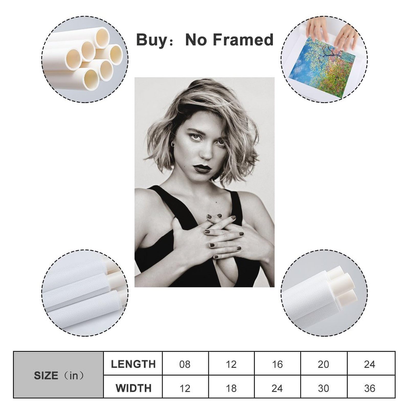 HUEXIANG Léa Seydoux Poster 40x60cm - Schwarz-Weiß Filmstar Wanddekoration