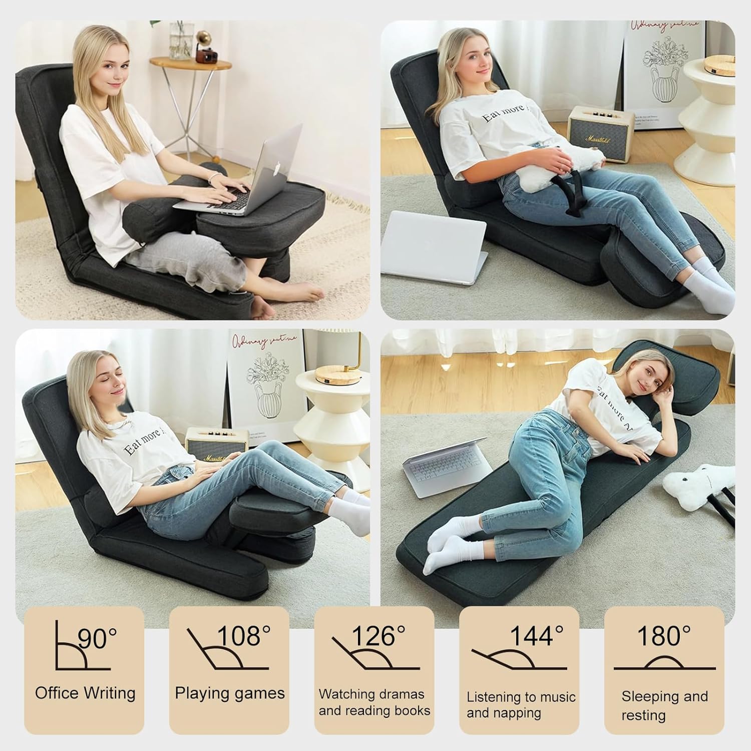 ZALL Grey Floor Folding Recliner Chair, Adjustable Back Support - Ergonomic Comfort for Game Room, Home Reading & Kitchen Leisure