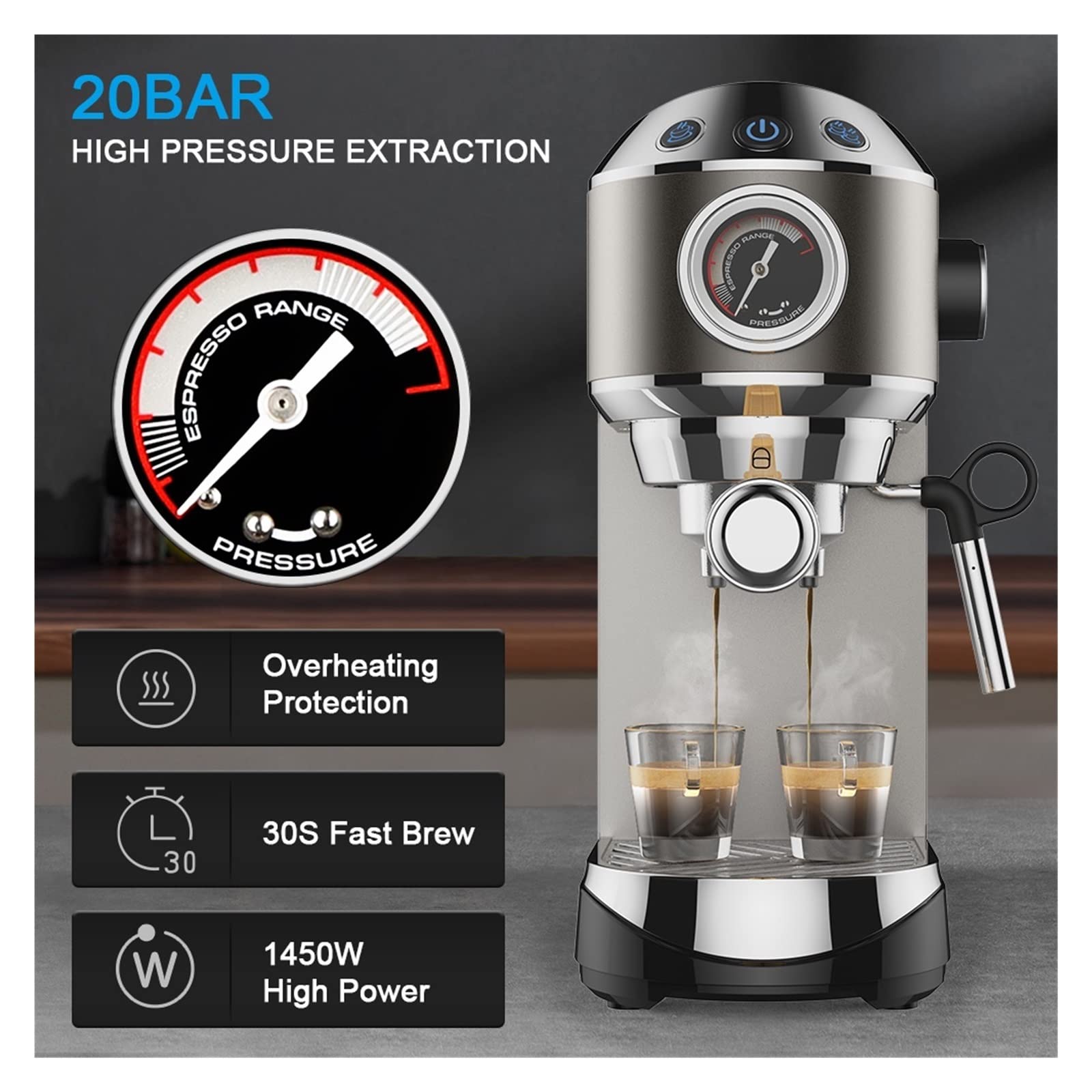 Cafetera semiautomática de 20 Bares con vaporizador Leche, Ideal para Espresso, Capuchino, Latte y Moca.