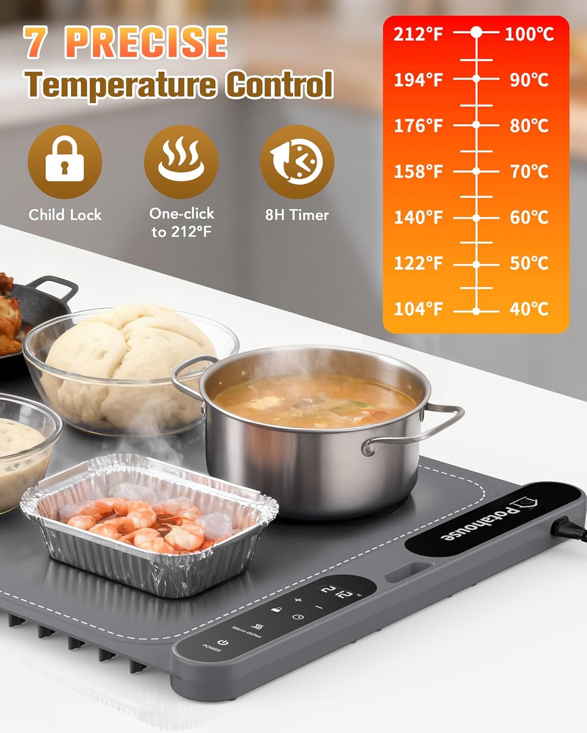 Food Warming Mat, 5s Fast Heating,Electric Warming Tray with 7 Temp 8 Timer Settings,Rollable & Portable Food Warmer for Parties,Buffet,Home and Travel Use