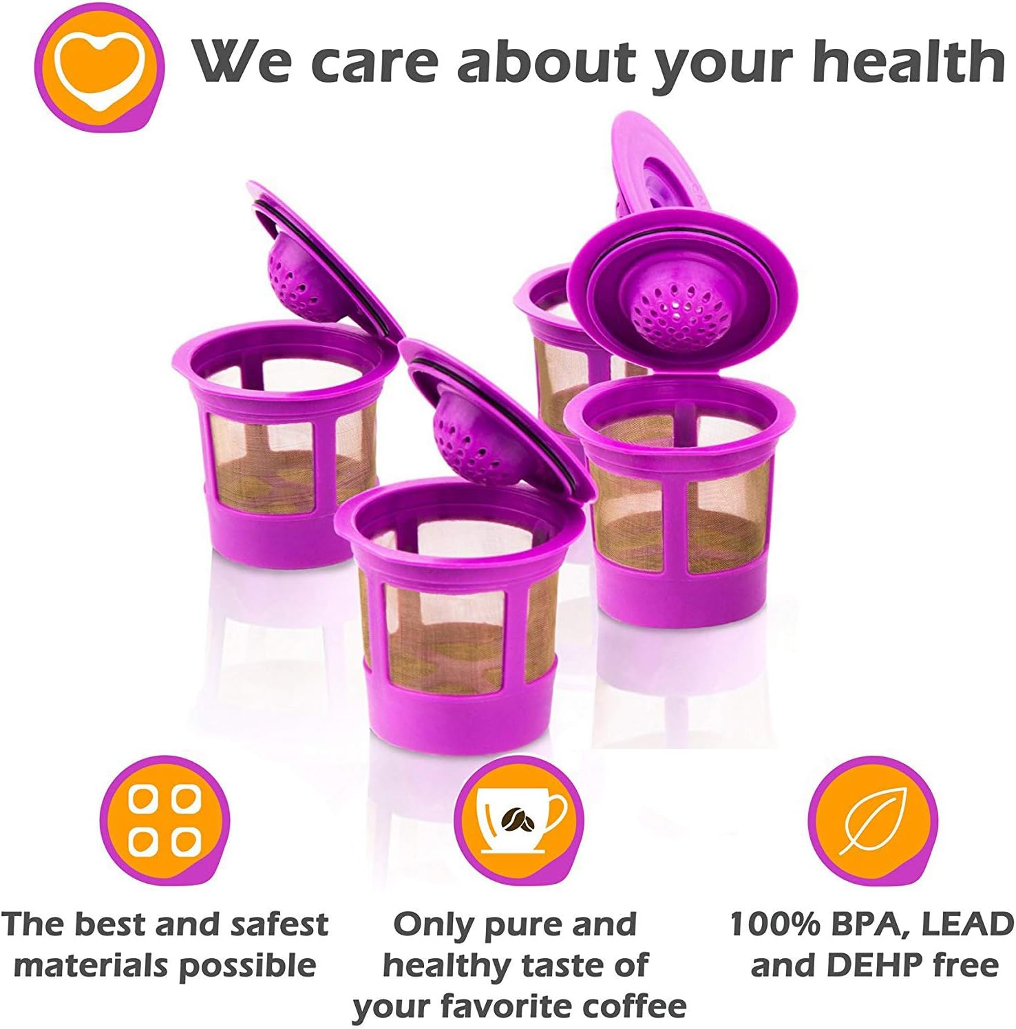 4 Reusable K Cups for Keurig Coffee Makers - BPA Free Universal Fit Purple Refillable Kcups Coffee Filters for 1.0 and 2.0 Keurig Brewers
