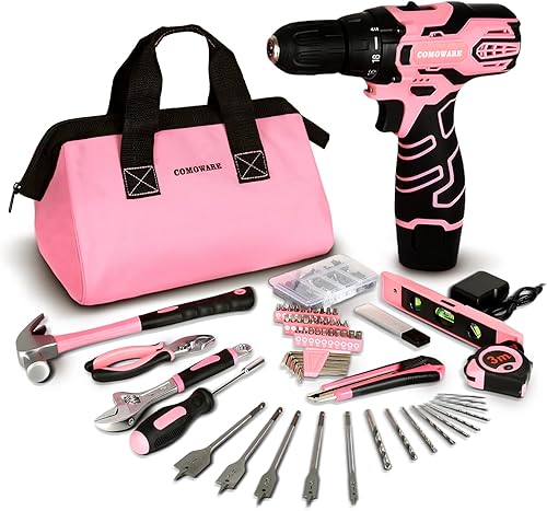 COMOWARE Kit de herramientas para el hogar de taladro inalámbrico rosa de 12 V, juego de taladro rosa para mujeres, kit de herramientas de