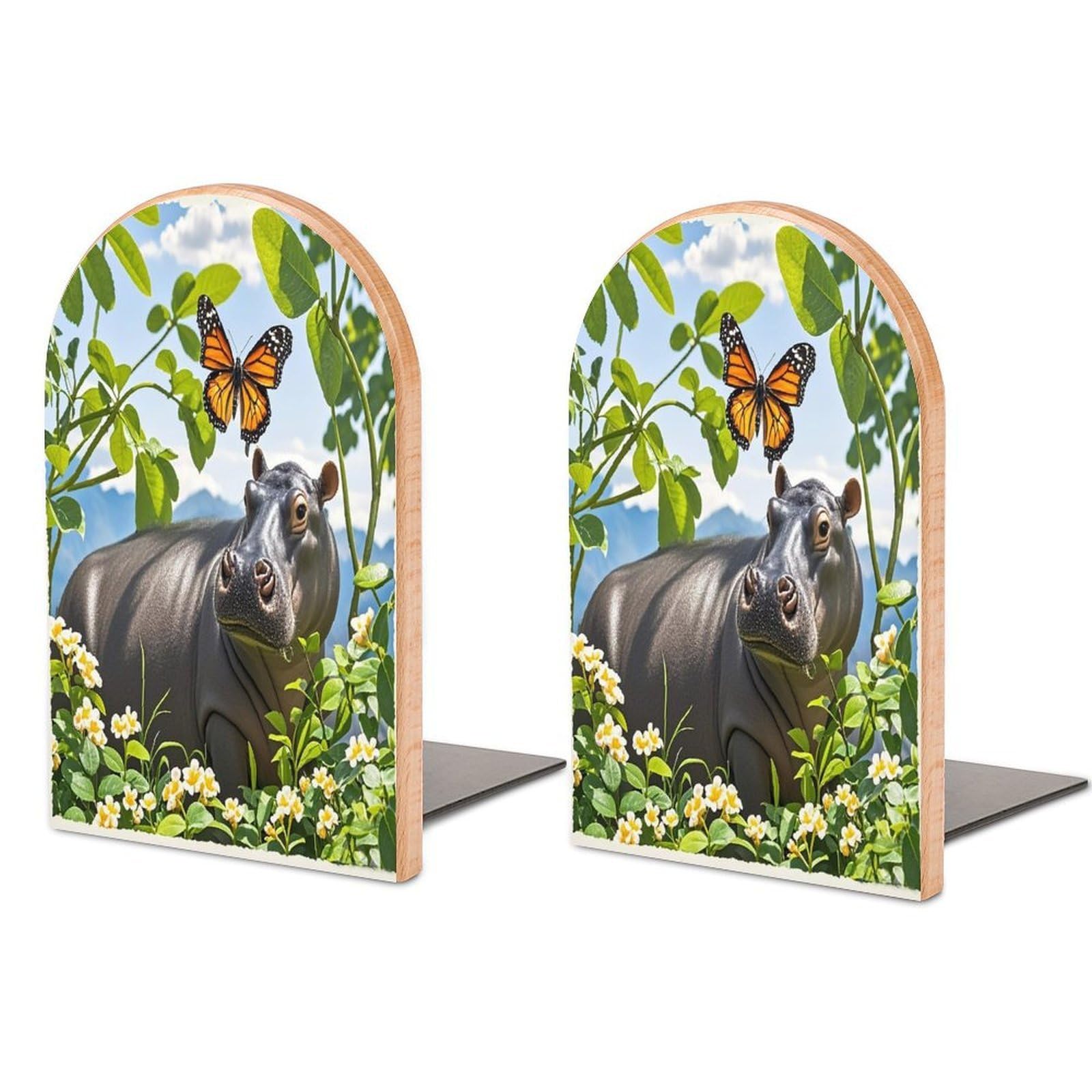 Butterfly and Hippo Bookend Non-Skid Wooden Bookends for Shelves Heavy Duty Wood Book Ends Decorative Book Stopper Book Stand Non-Slip Book Organizer for Home Office Library