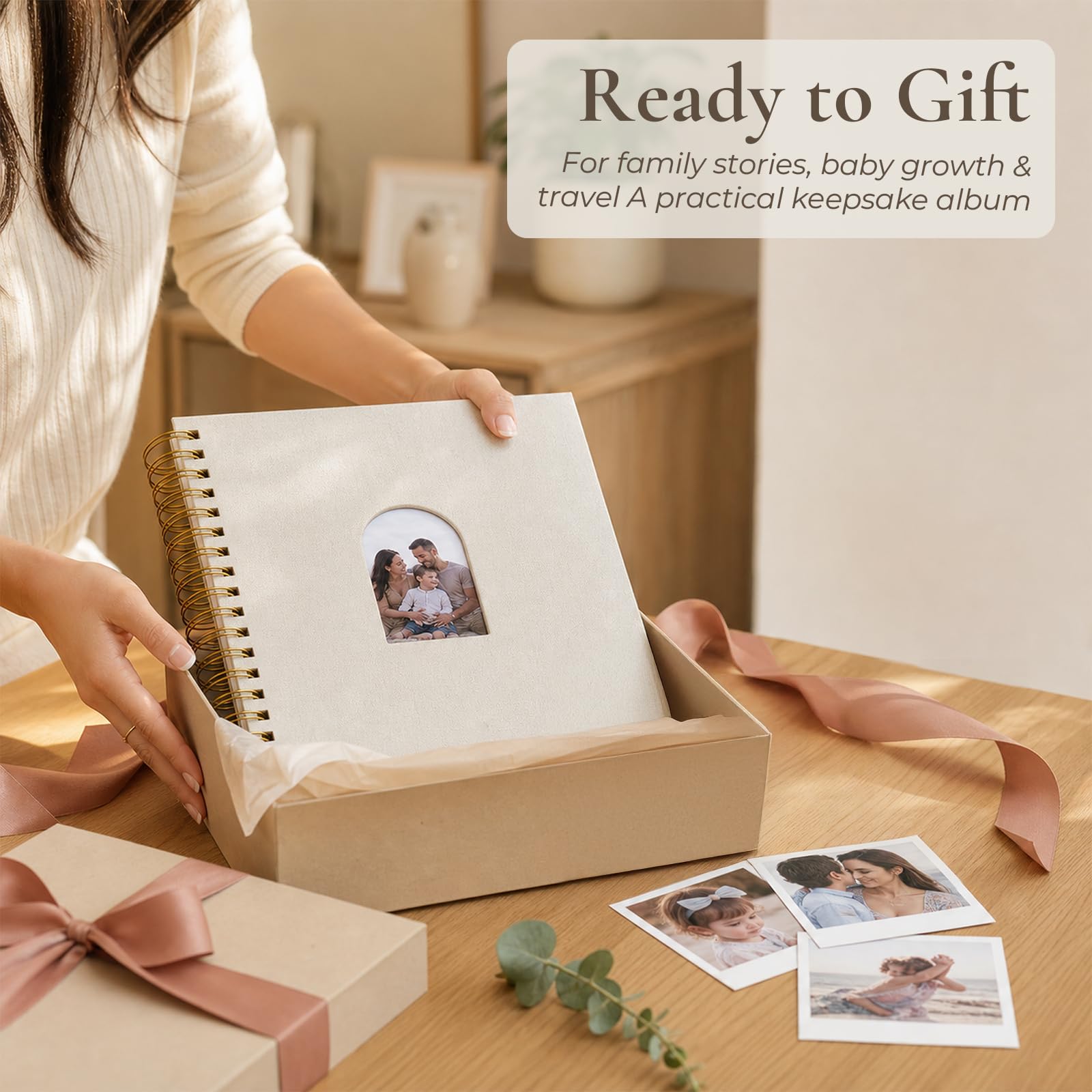 Vienrose Album fotografico con finestra ad arco in lino, 25,4 x 25,4 cm, 80 pagine bianche, album fotografico per matrimoni, baby shower, beige