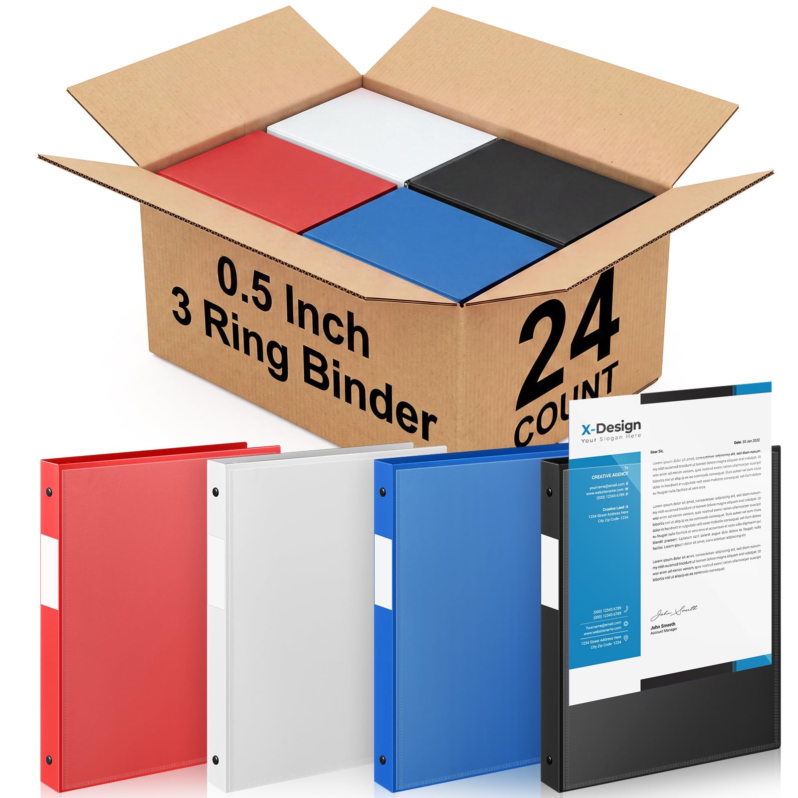 Henoyso 24 Pack 1/2 Inch 3 Ring Binder with Clear Cover Fit Letter Size 8.5" x 11" Paper Holds 140 Sheets, Bulk Binders for Organizing School, Office &amp; Classroom Documents, 1 Pocket (Office Colors)
