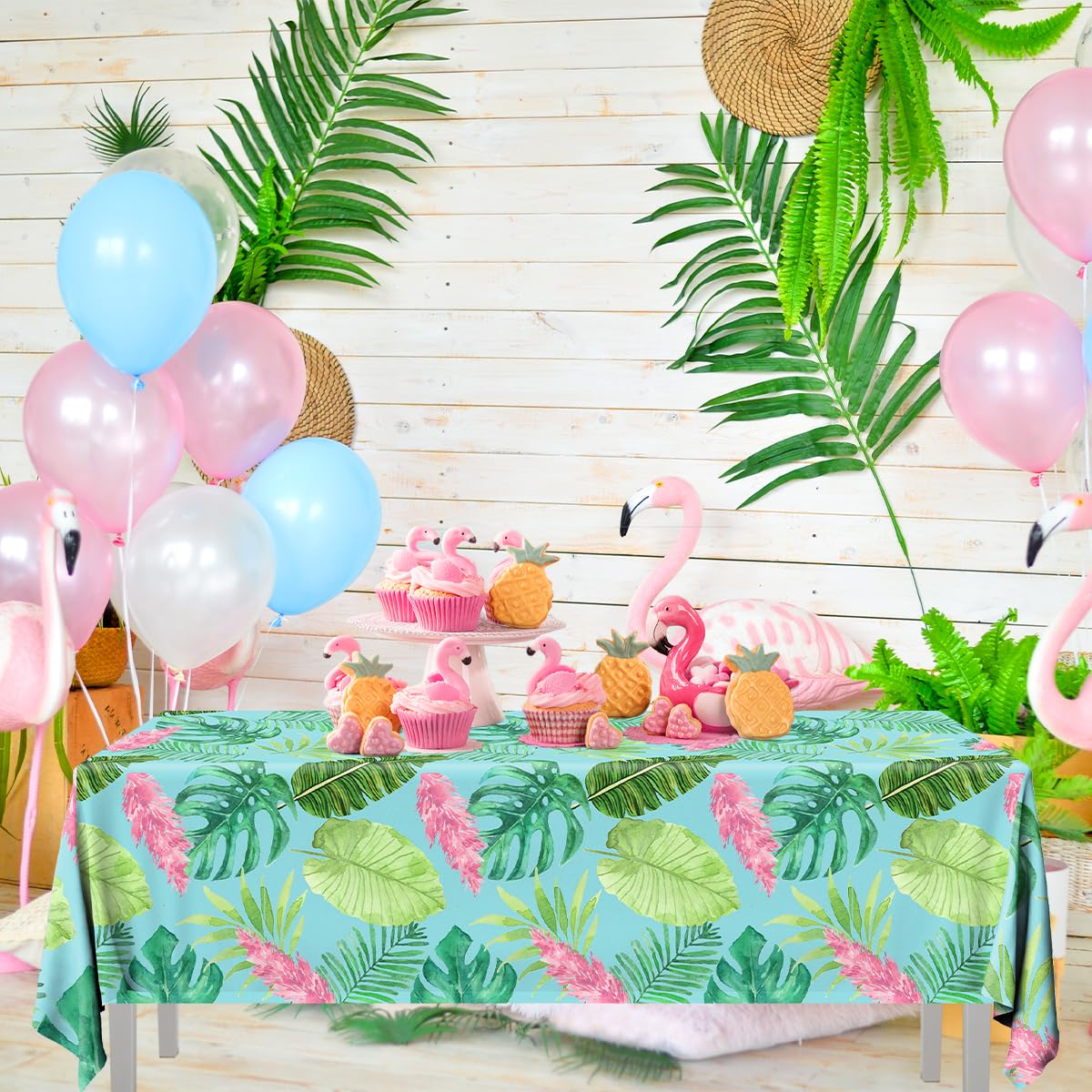 Hawaiian Luau Tablecloths (3 Pack) - Tropical Flamingo & Palm Leaves Plastic Covers