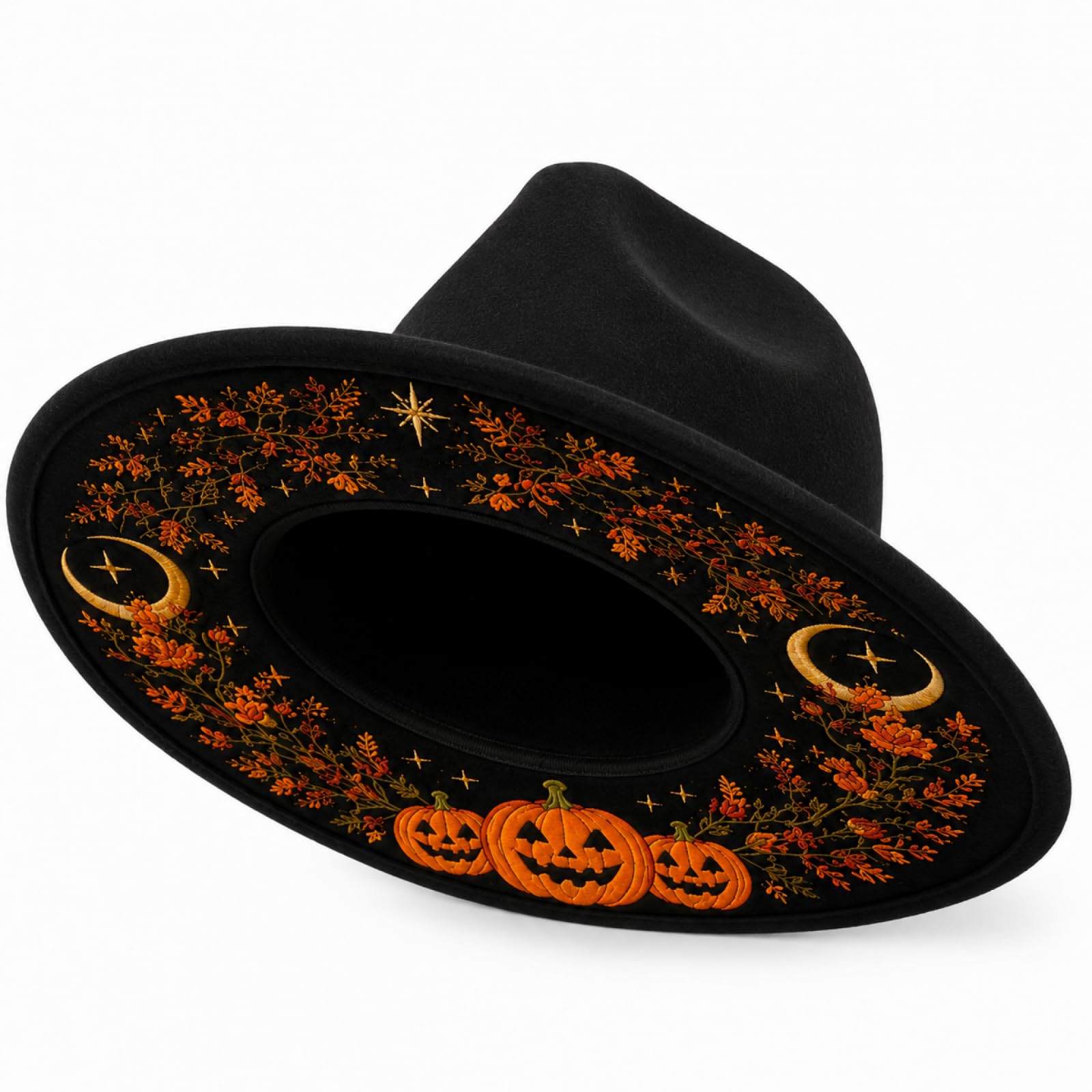 Feclmiyt Adults Halloween Panama Hat Skull Rose Wide Brim Felt Fedora Hat Jazz Cap (B-Pumpkin, ONE Size) โ image 1