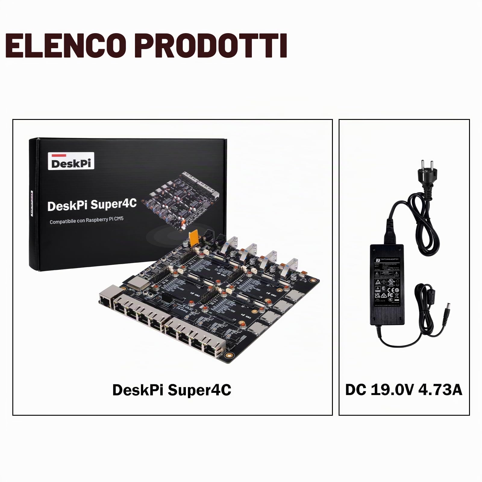 DeskPi Super4C per Raspberry Pi Compute Module 5, Cluster Mini-ITX Board Supporta 4 CM5, 2,5 GbE + rete 1 GbE, M.2 NVMe, montaggio a rack 1U, alimentatore da 89 W incluso