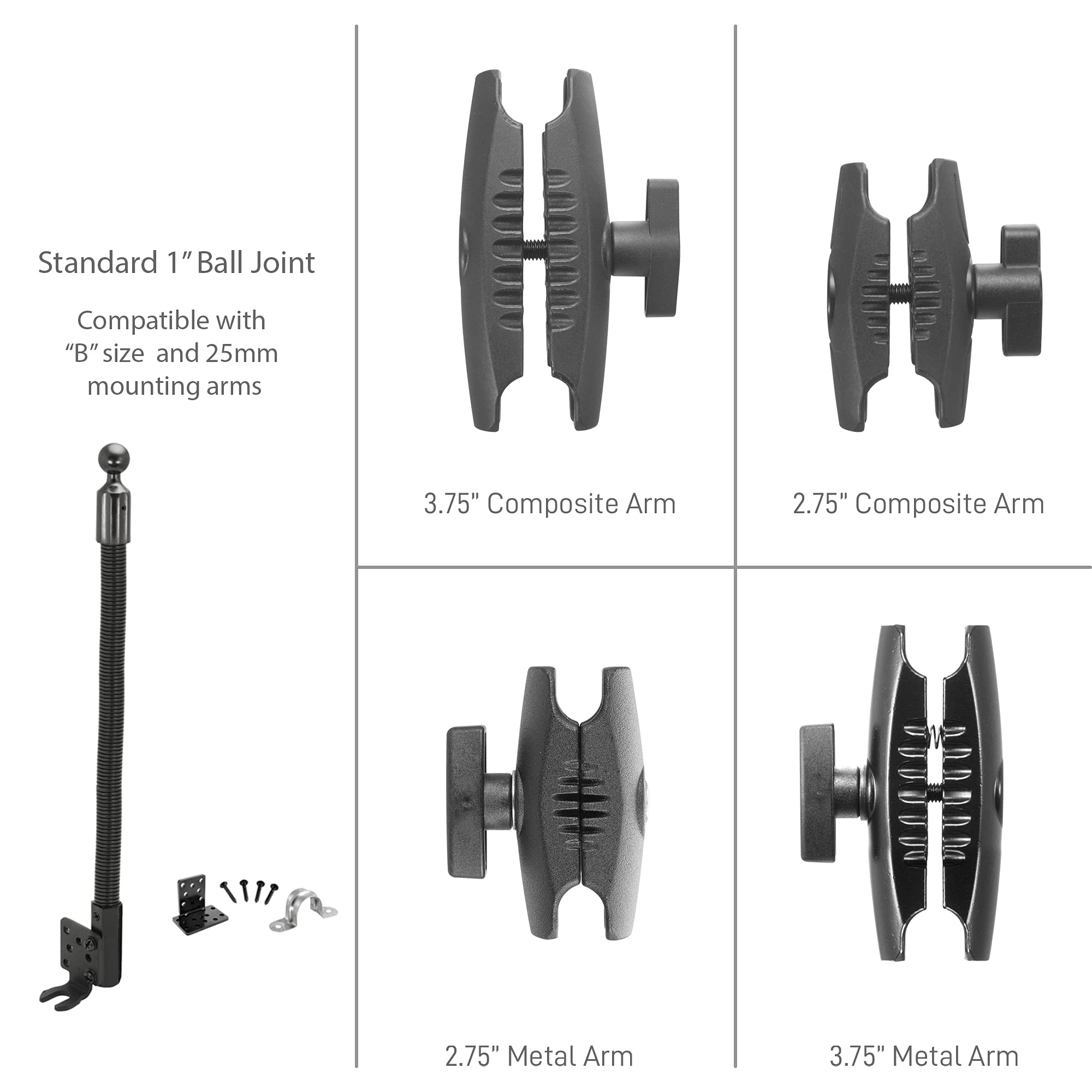 iBOLT Custom Metal Industry Standard Seat Rail Gooseneck Mount - Featuring Our Heavy Duty 25mm / 1 inch/B Size Dual Socket Ball Mount- for Phones, Tablets, Barcode scanners, Vesa 75/100, etc