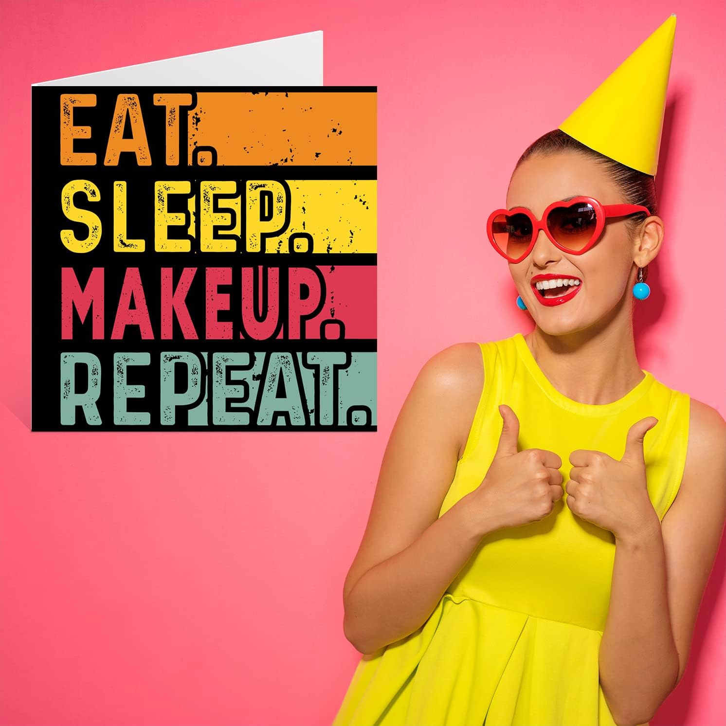 Stuff4 Birthday Card Funny for Her or Him - Eat, Sleep, Makeup, Repeat - Happy Birthday Cards for Beauty Cosmetic Lovers Gifts, 5.7 x 5.7 Inch Birthday Greeting Cards for All Occasions Kids or Adult