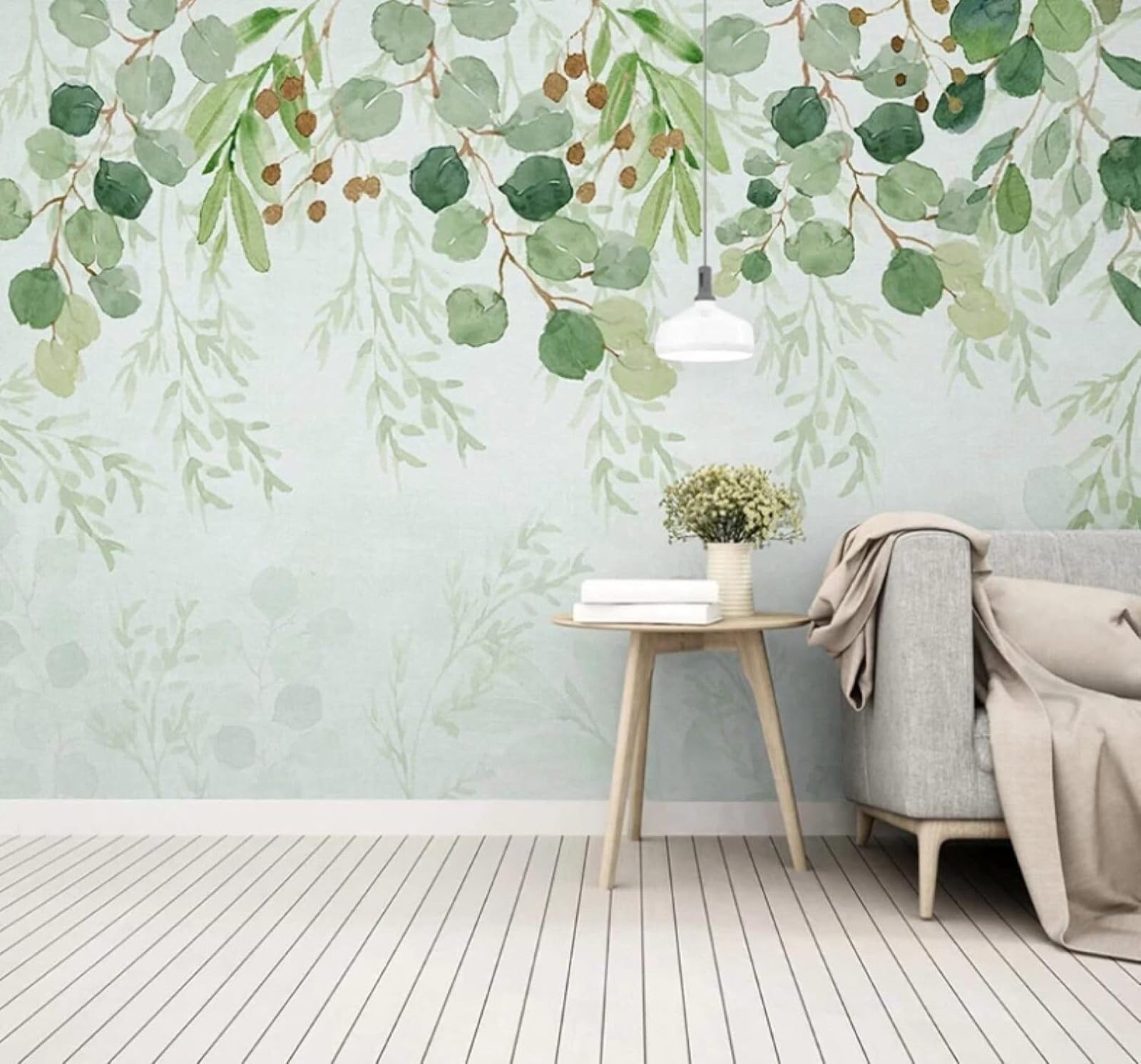 Xlming 250Cm×170Cm(B×H) Fresh Hand Drawn Watercolour Plants Green Leaves 3D Wallpaper Luxury Silk Study Dining Feature Sofa Grey Bedroom Living Room Tv Decorative Wall-250Cm×170Cm