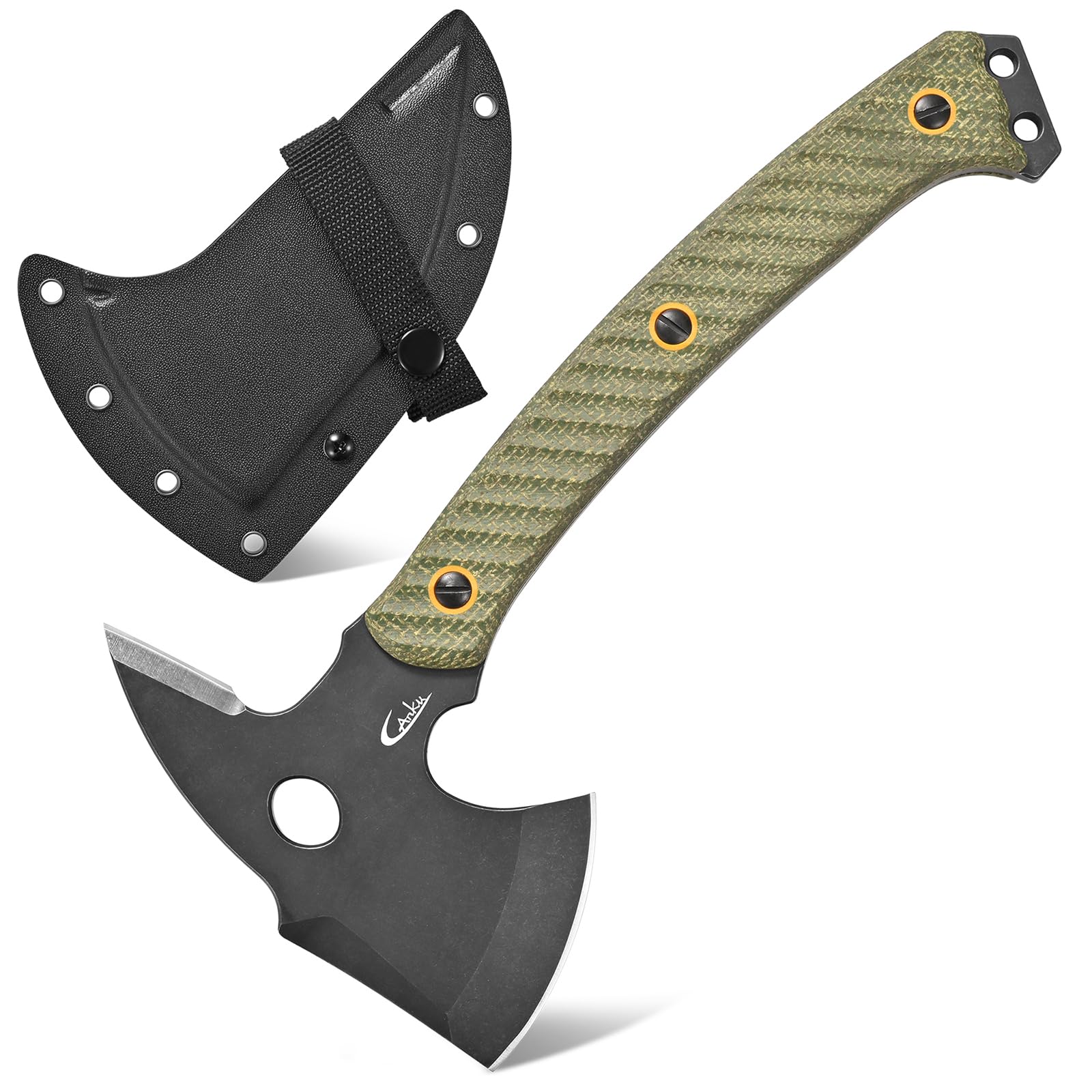 Ccanku C1342 Camping Axes,DC53 Steel Blade Micarta Handle Chopping Axe Bushcraft Camping Axes Survival Hatchet Full Tang Axe for Hiking Hunting Camping Splitting Chopping Wood(Green)