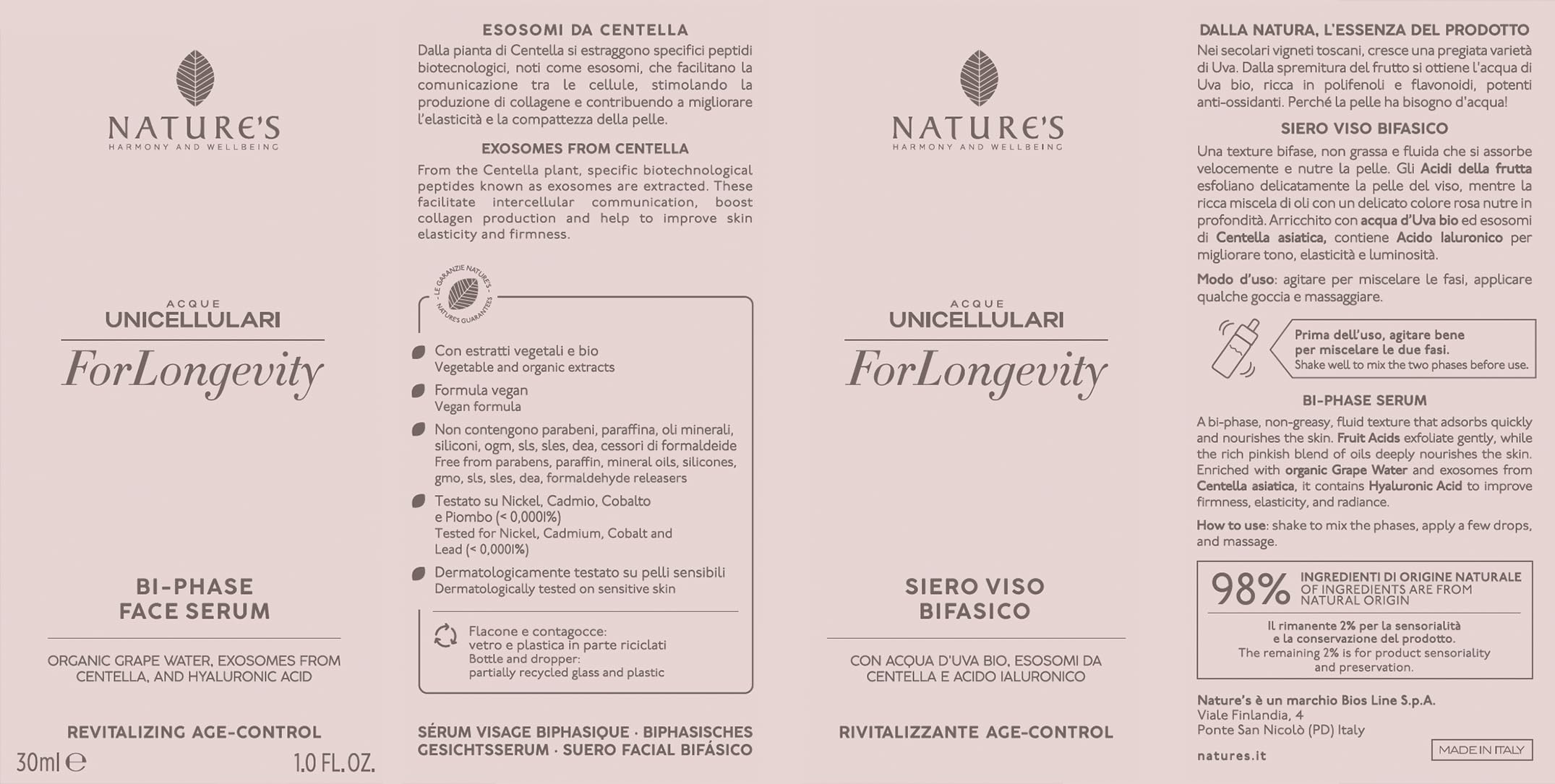 NATURE'S - ForLongevity Siero Viso Bifasico con Acidi della Frutta, Acqua d'Uva Bio, Esosomi di Centella Asiatica e Acido Ialuronico per Elasticità e Luminosità 30ml