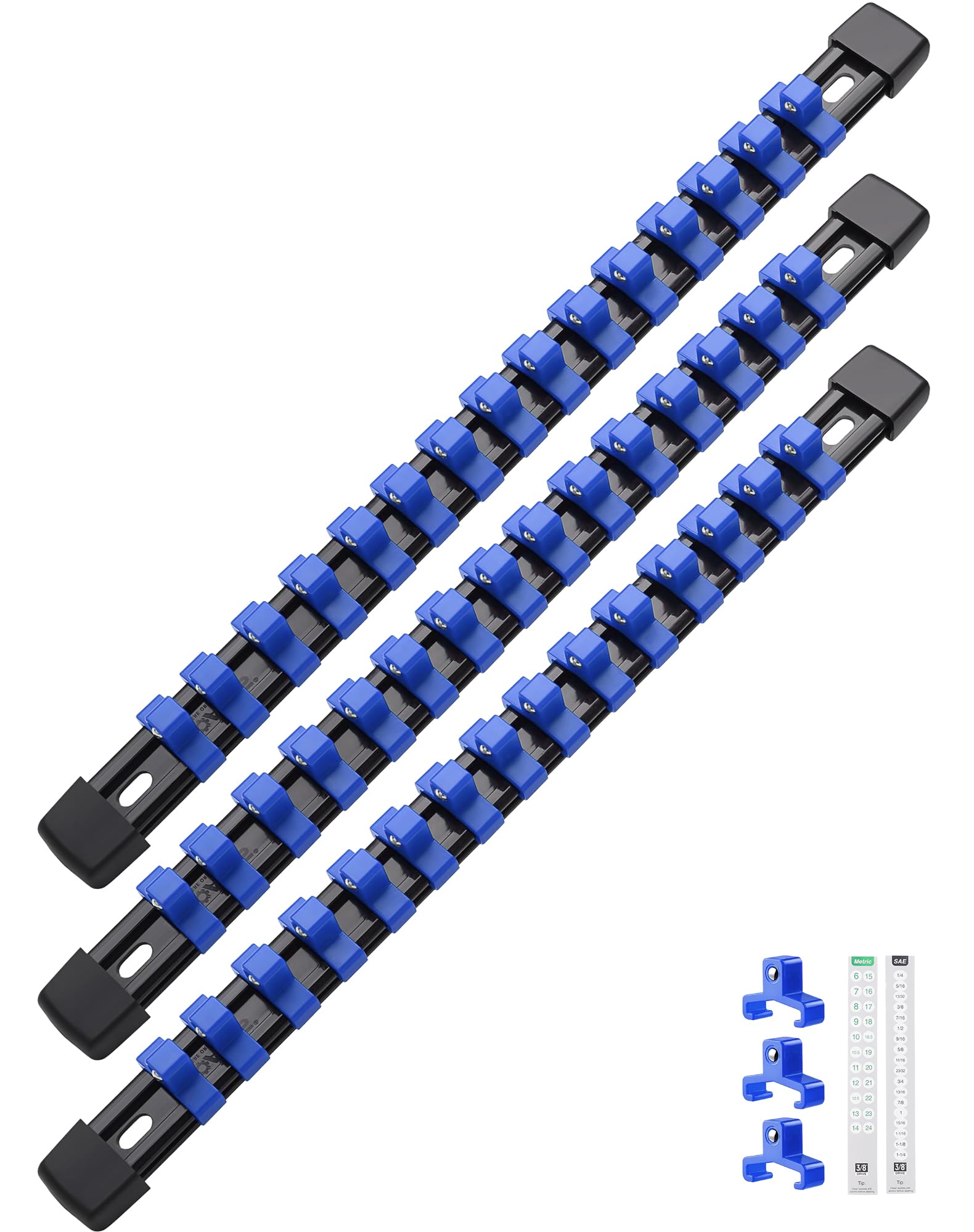 ALOANES 3PC ABS Socket Organizer, Socket Rails Fit 3/8 inch Drive, Heavy Duty Socket Holders Hold up to 45 Sockets, With Black Rails and Blue Clips