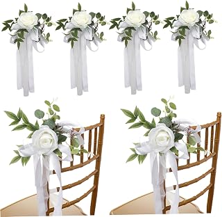 6 Piezas de decoración de Pasillo de Boda, Rosas, Flores de Boda, Decoraciones de Banco con Hojas y Cintas Artificiales para Ceremonia, Fiesta, Silla, Banco de Iglesia, Blanco, decoración
