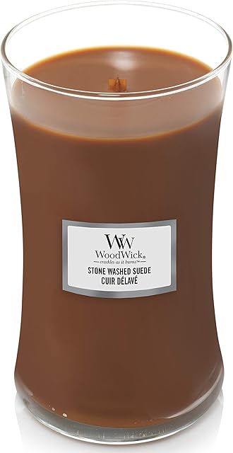 WoodWick Duża świeca zapachowa w szkle klepsydry, z klepsydrowym knotem, Stone Washed Suede, czas palenia do 130 godzin