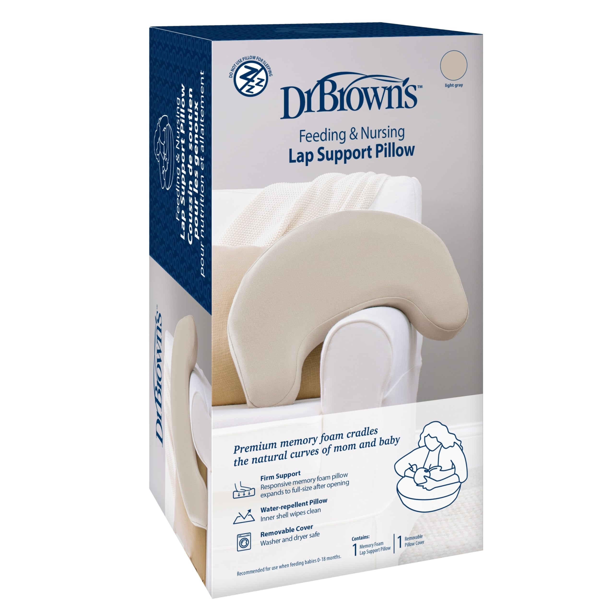 Dr Browns Feeding and Nursing Lap Support Pillow with Cover Premium Memory Foam Responsive Firm Support Light Gray