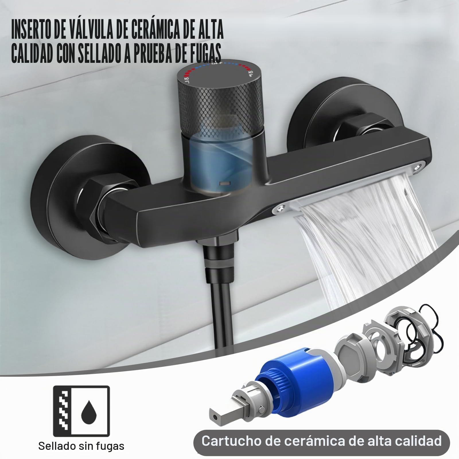 Grifo Bañera Negro en Cascada, Grifo Mural de Latón para Ducha y Baño, con Ducha de Mano de 3 Modos, Mezclador Monomando para Bañera Universal 1/2" Salida Inferior, con Soporte y Manguera de 1,5 m