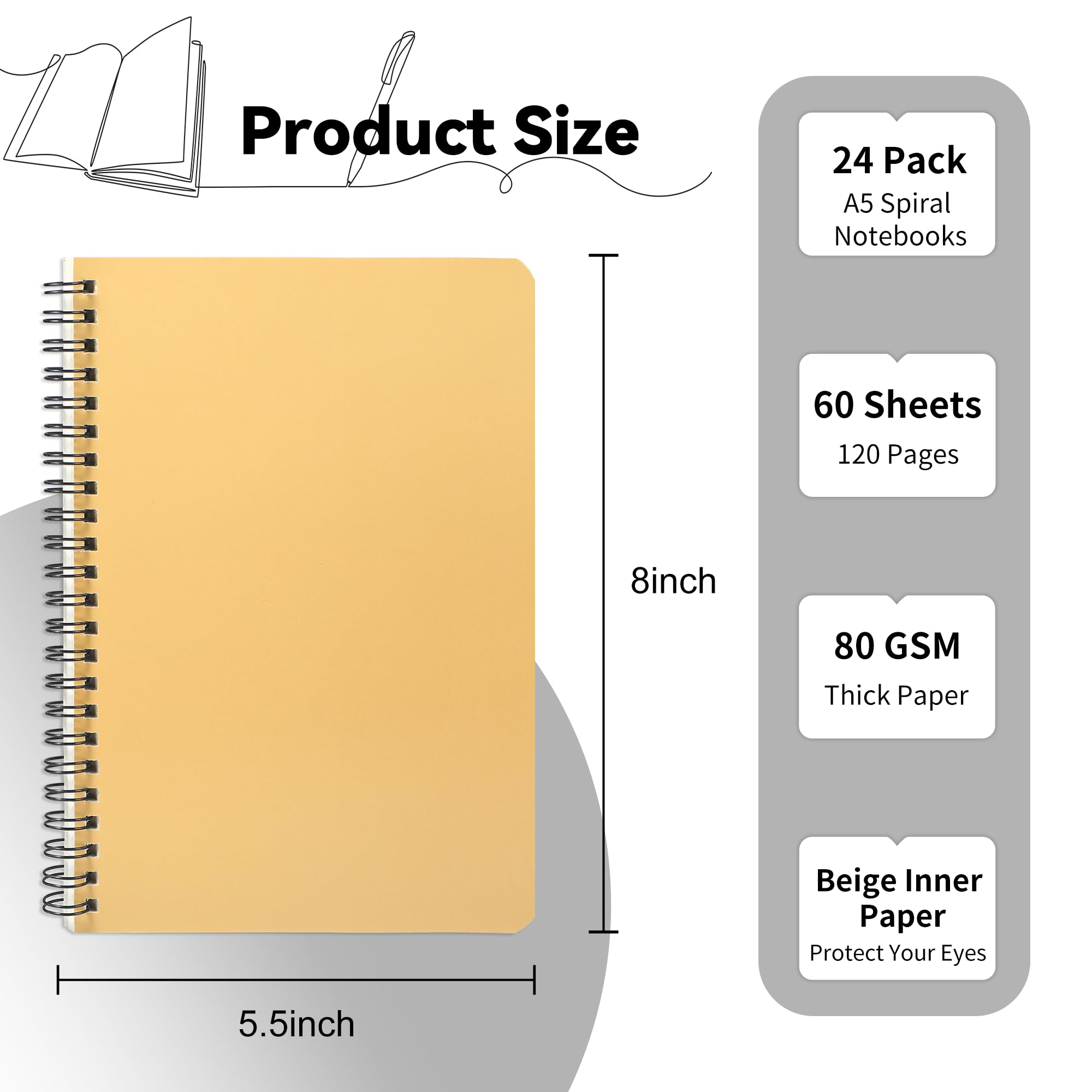 miikoul Lot de 24 carnets à spirales A5, 21,1 x 14 cm, 60 feuilles/120 pages, couverture rigide à larges lignes, avec couverture imperméable, carnet de notes 12 couleurs pour le bureau, la maison,