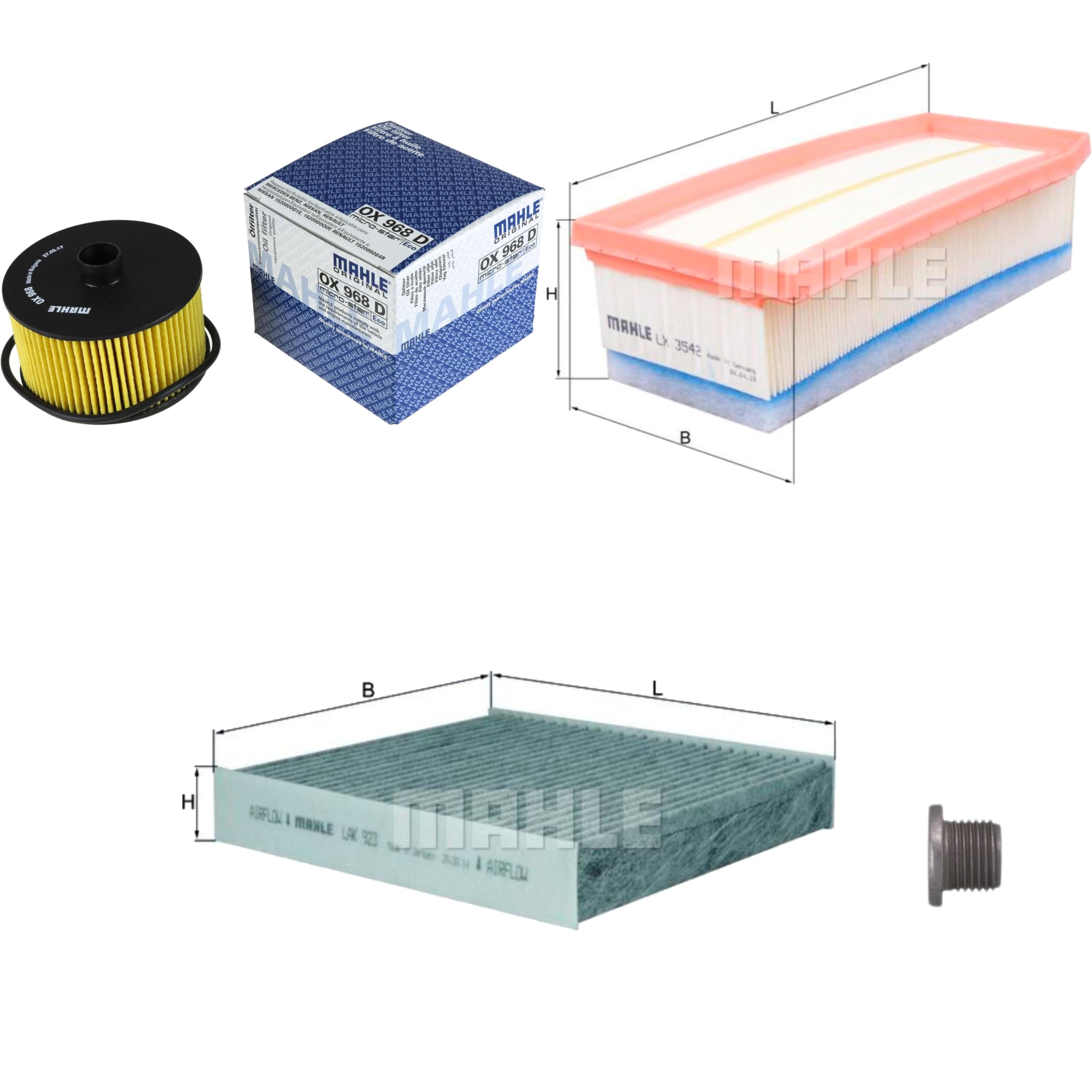 Paquete de inspección Kit de mantenimiento con filtro de aceite OX 968D, filtro de aire LX 3542, filtro de habitáculo (carbón activado) LAK 923, tornillo de cierre