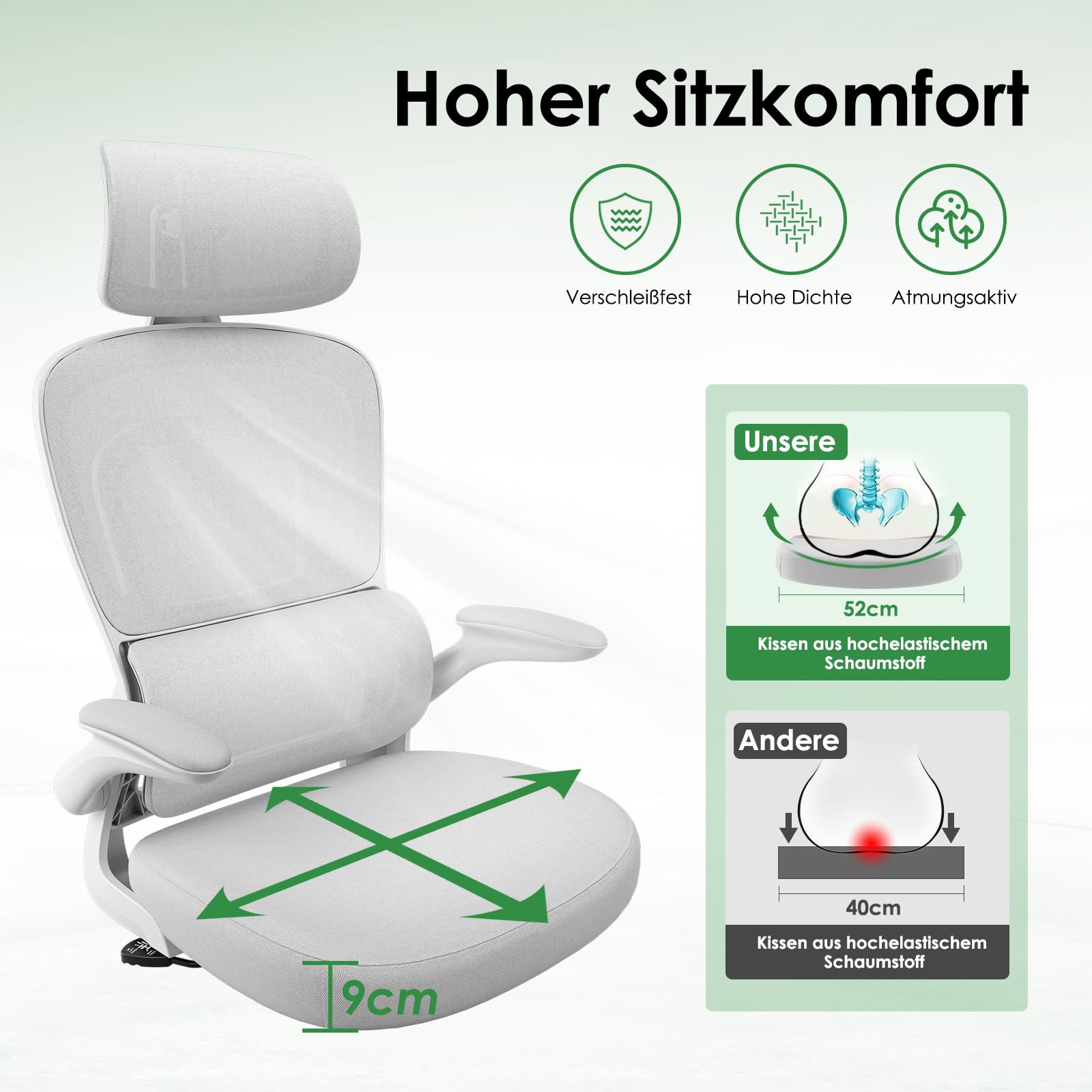Farini Ergonomischer Stuhl Büro Computer Stuhl mit Rollen Schreibtisch für Bequemer Home Office Höhenverstellbar Chefsessel Bürostuhl mit Kopfstütze, Grauweiß