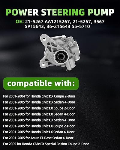 Miniatura 2 de SCITOO Bomba de dirección asistida compatible con Acura EL 2001-2005, 2001-2005 para Honda Civic, 21-5267, kit de bomba de dirección asistida