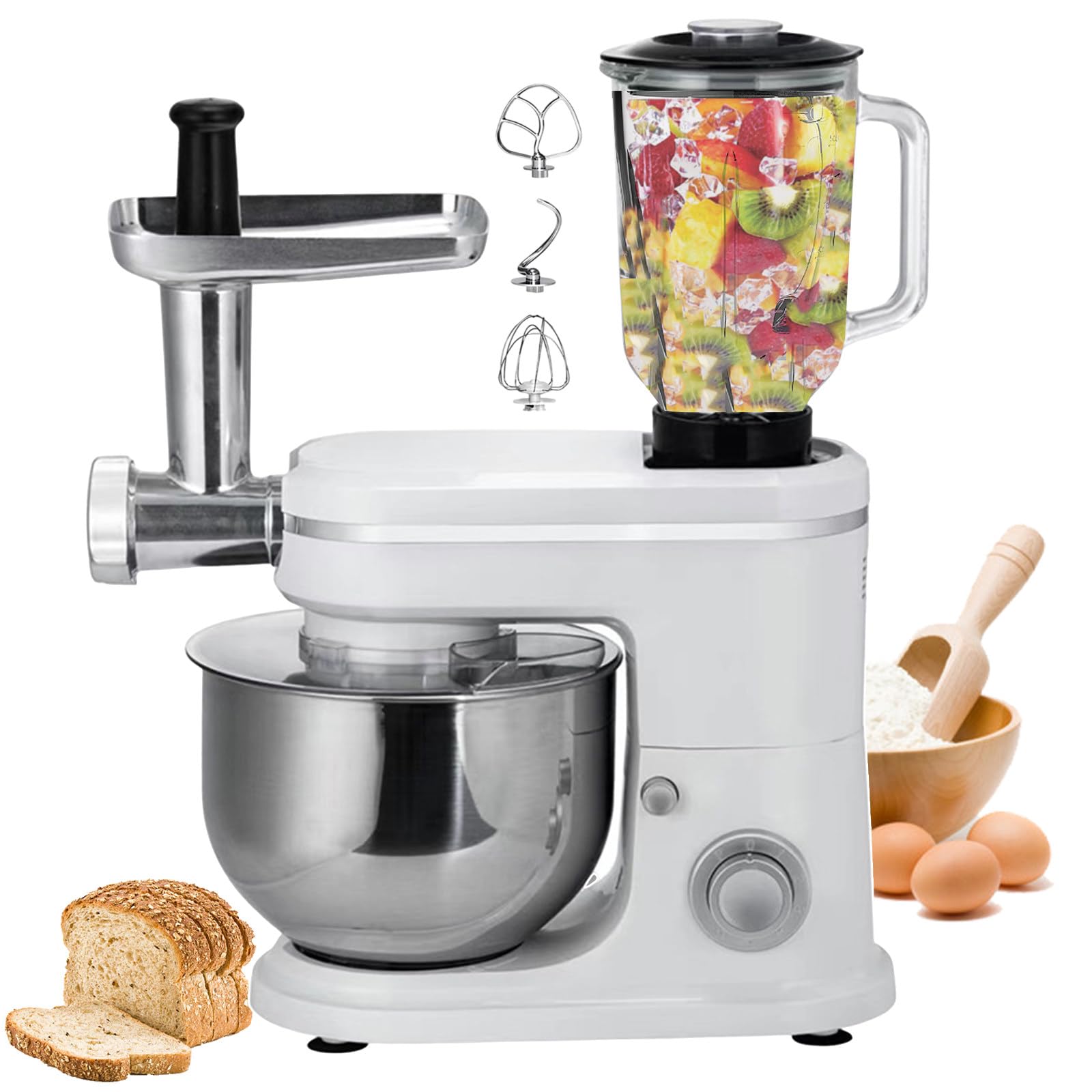 Frullatore Elettrico e tritacarne da Cucina, in Acciaio Inox, Regolazione a 8 velocità, con tritacarne, Asta di mescolamento, Asta di Impasto