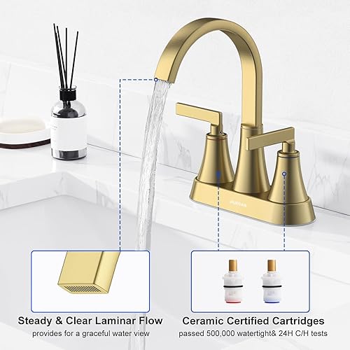 Miniatura 6 de Hurran - Grifo para lavabo de baño, de níquel cepillado de 4 pulgadas, 3 agujeros con drenaje emergente y líneas de suministro, grifo giratorio de