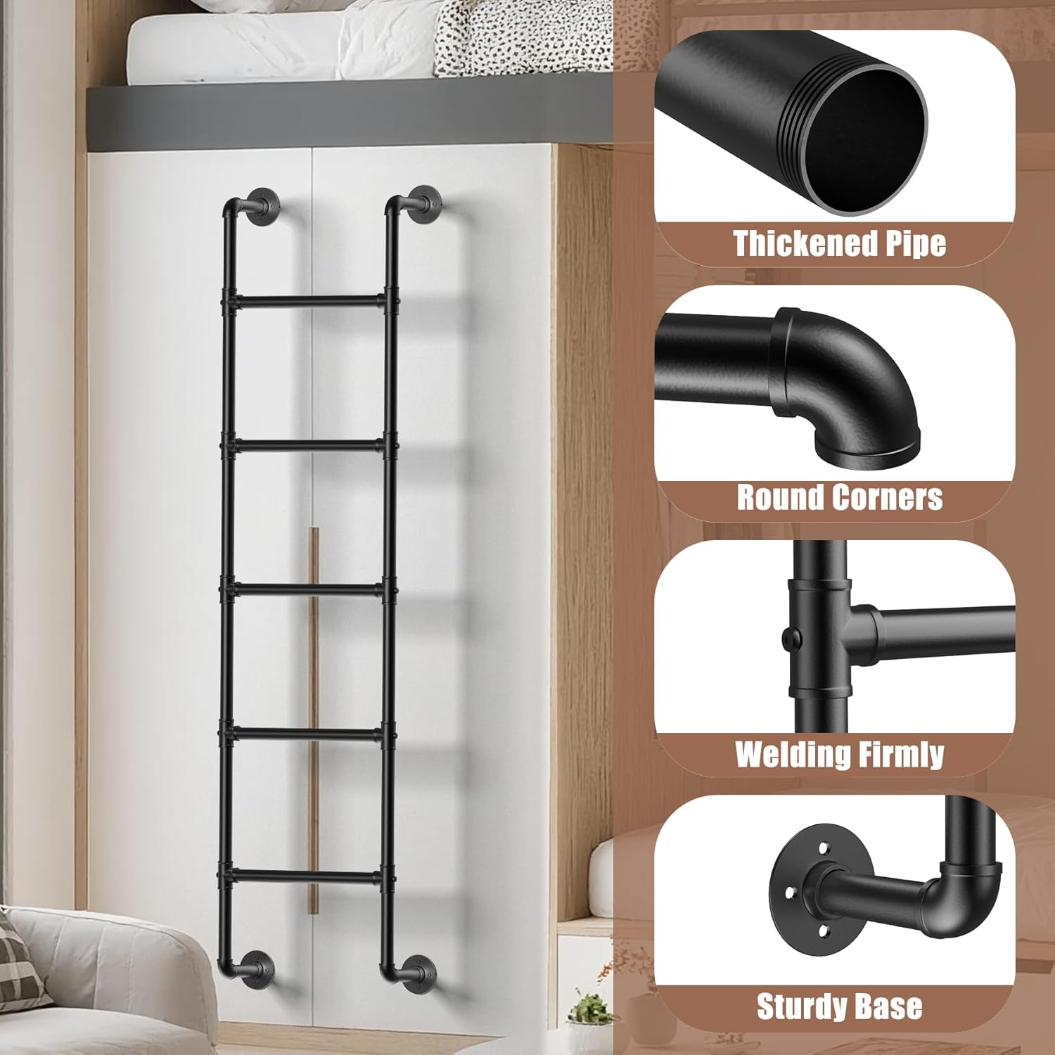 5.4FT Wall Mounted Metal Step Ladder,Bunk Bed Ladders for Home, Basement Window Well Egress, Loads 330lbs,Black Fire Emergency Escape Ladder for High Entrance Attic Egress,Sturdy Bunk Bed Climbing