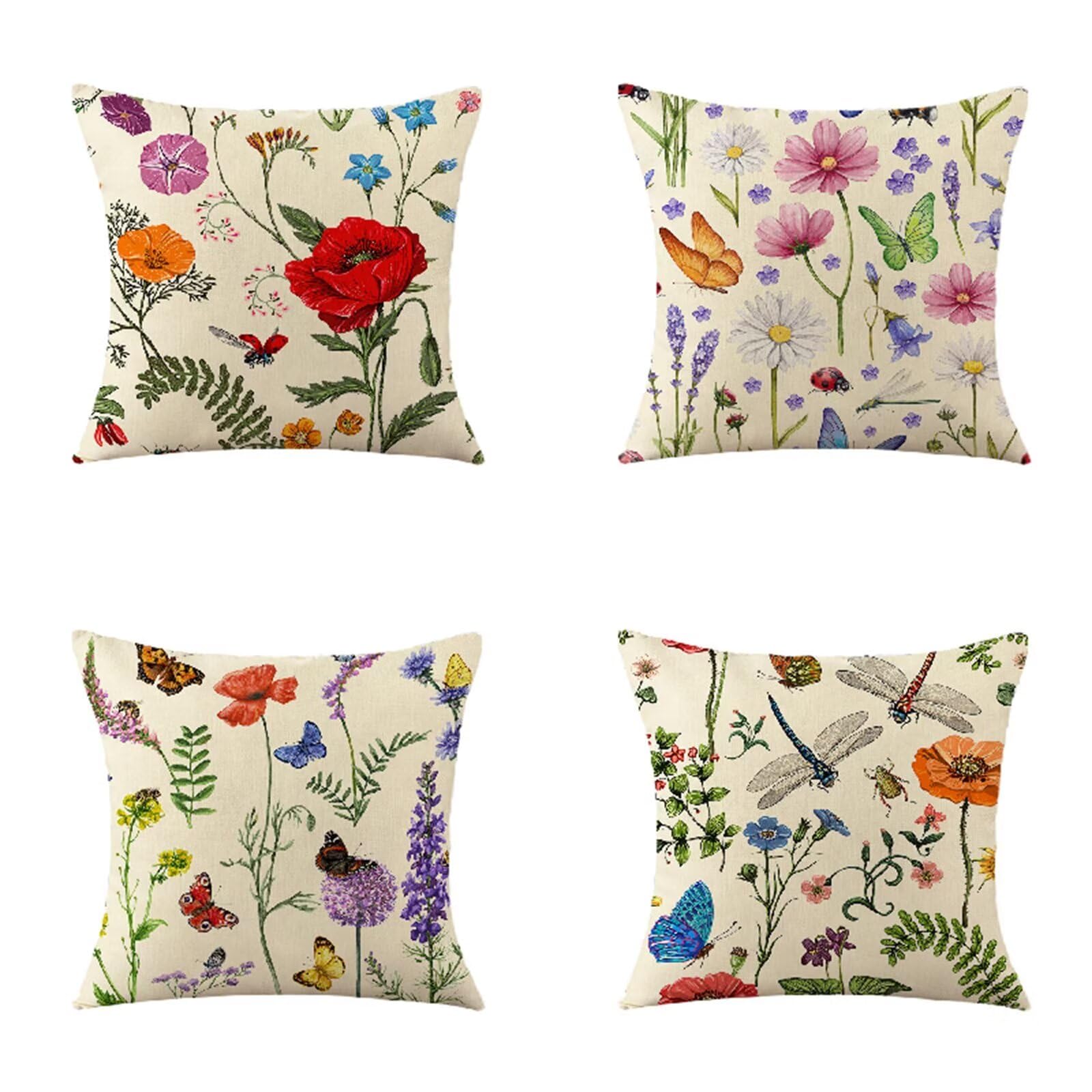 Federe Cuscini Divano Set di 4 Cuscini per Divano Lino impermeabile Esterno Cuscini Decorativi I fiori Cuscini Divano Soggiorno da Letto Estate Giardino Esterno Copricuscino 60x60 Colorato HY-1352