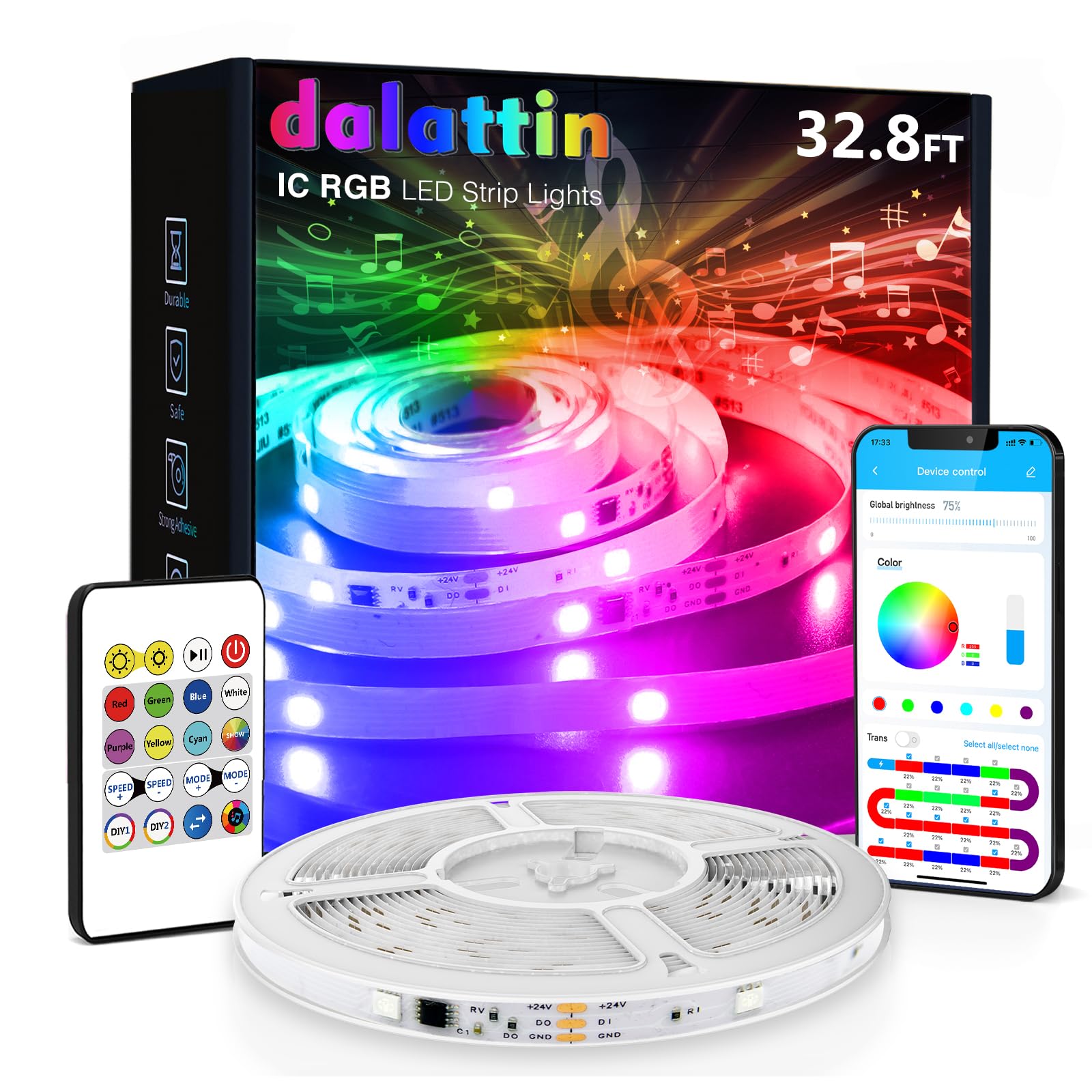 dalattin BGRIC Led Lights for Bedroom, 32.8ft 5050 LED Strip with DIY Multiple Colors on One Line, Work with Remote & App Control, Color Changing LED Lights Strip Music Sync for Chrismas and Holiday