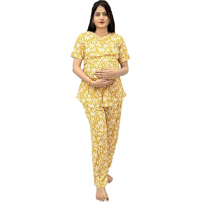 The Starmom Women's Zipless Cotton Blend Printed Maternity & Feeding Night Suit Set of Top & Pajama Set | Pre & Post Pre
