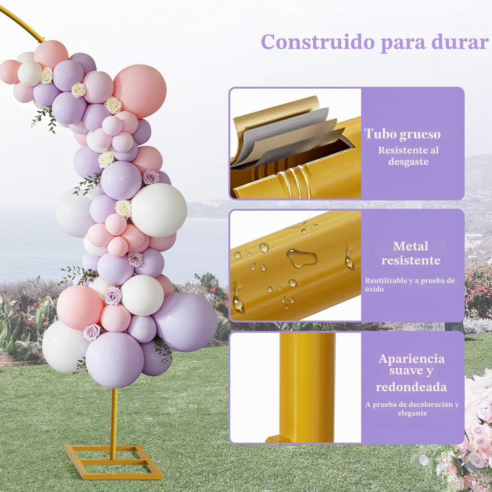 Arco de Boda de 2m con Soporte de Metal Resistente, Estructura para Globos con Base Reforzada y Bolsas de Agua en U, Decoración para Bodas, Cumpleaños, Fiestas, Graduaciones – Dorado