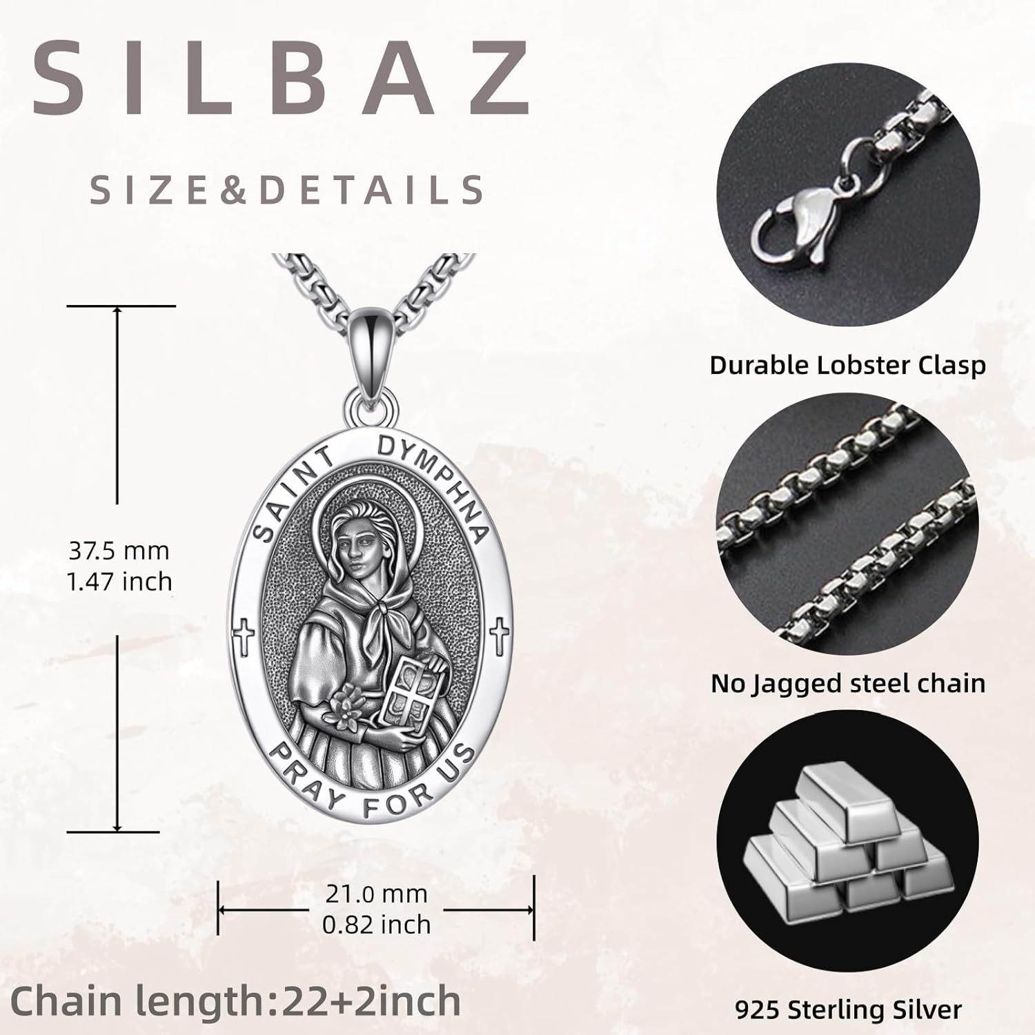 Saint Necklace 925 Sterling Silver Patron Saint Medal Pendant Amulet Protection Religious Jewelry for Men Women with 2.5mm 22"+2" Steel Chain (with Gift Box)