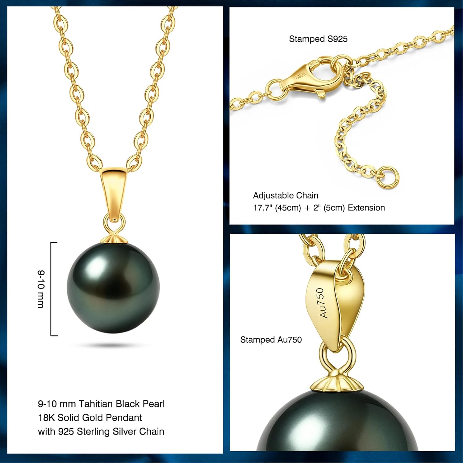 18K Solid Gold Genuine Tahitian Black Pearl Pendant with Sterling Silver Chain, AAAAA 9-12mm Ocean-Grown Pearls - Christmas Gift for Wife Mom, Women Necklace Jewelry for Wedding Anniversary Birthday - Image 4