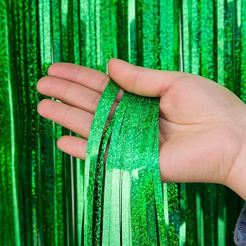 Miniatura 2 de Paquete de 2 cortinas de oropel verde brillante de 3.2 x 9.8 pies para fiesta, telón de fondo metálico con flecos para Halloween, Navidad,
