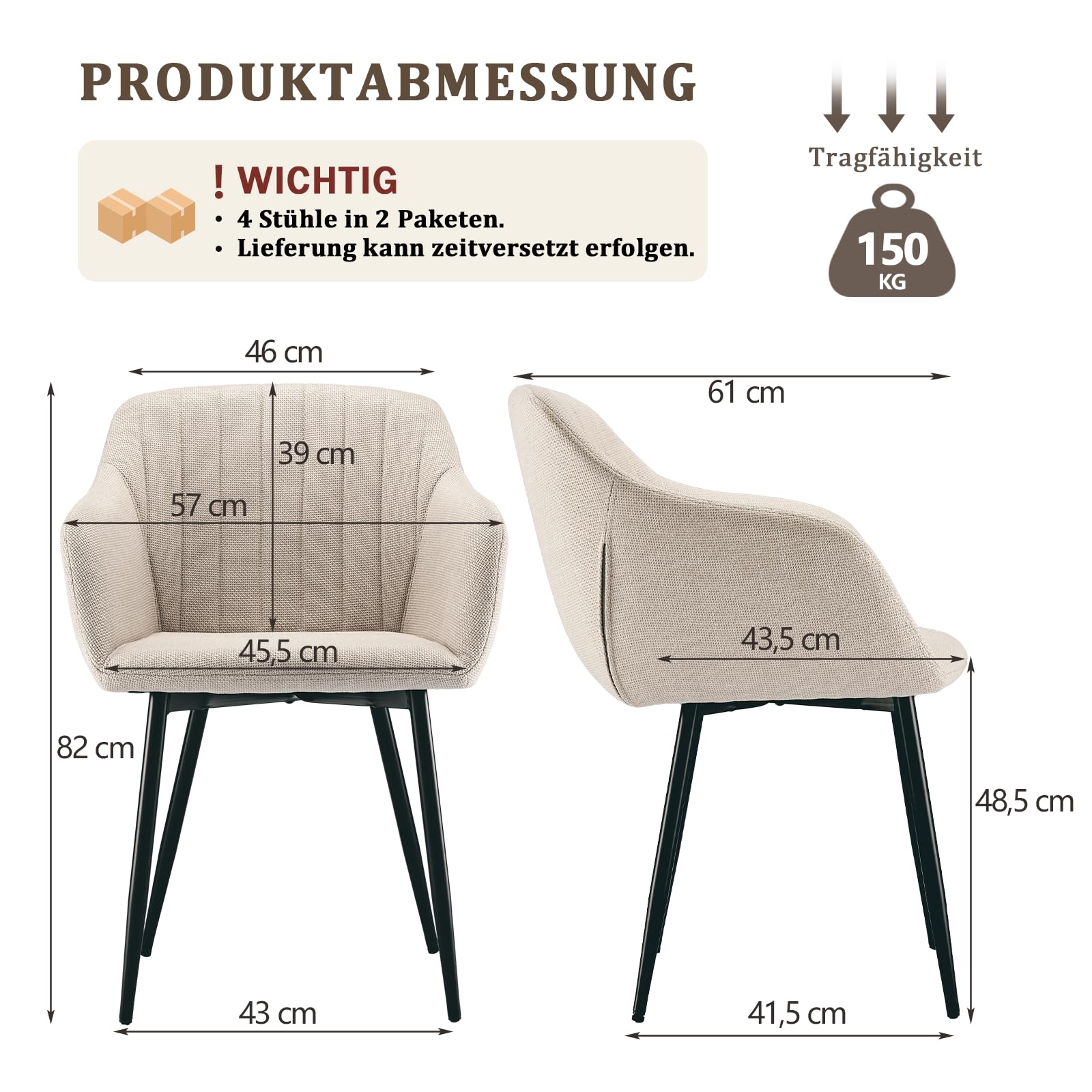 Esszimmerstühle 4er Set mit Armlehnen, Polsterstühle aus Leinen, Küchenstühle, Armlehnstuhl mit Metallgestell für Esszimmer, Wohnzimmer und Schlafzimmer, Beige