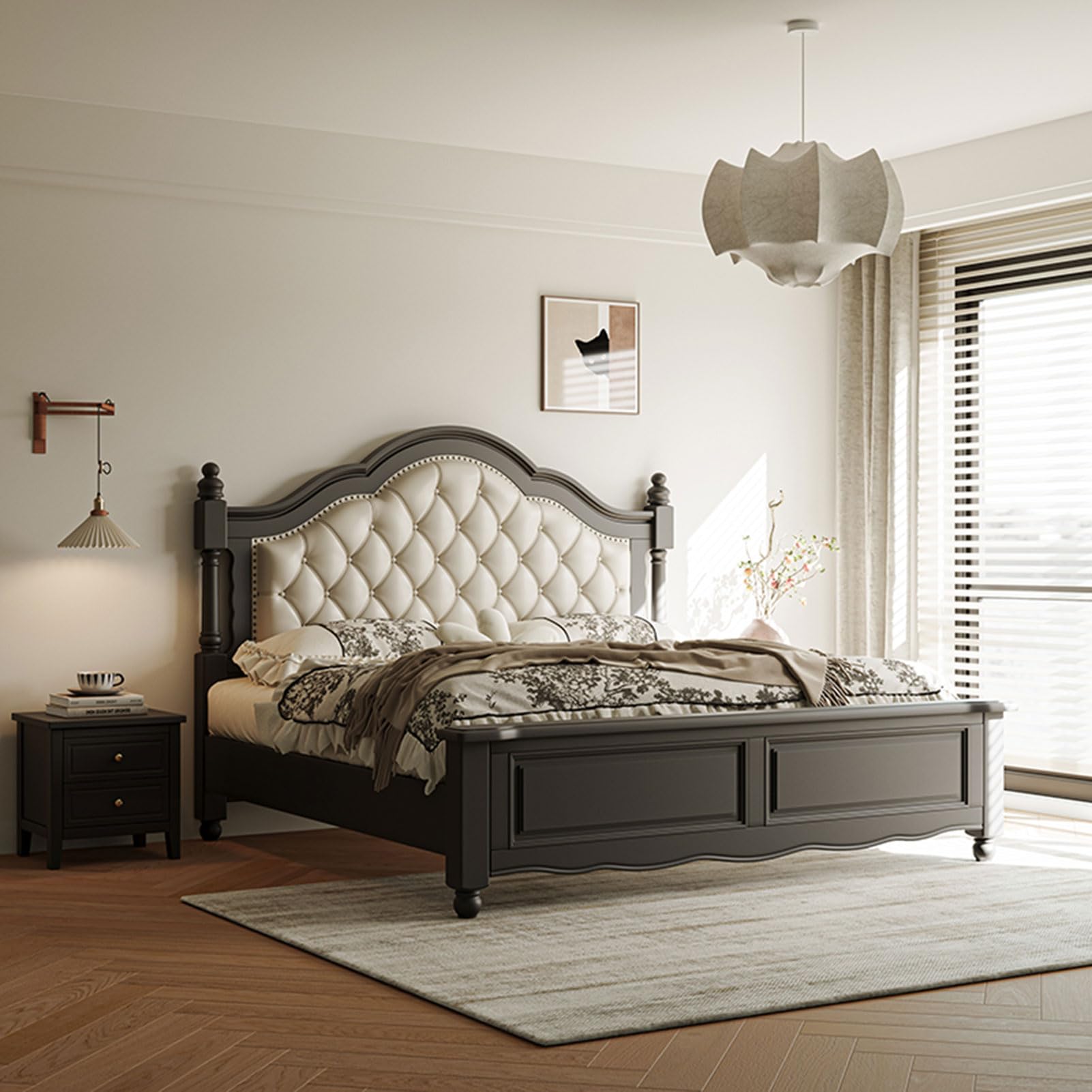 Modern King Size Genuine Leather Bed Upholstered Platform Bed Frame with Headboard and Storage Drawers No Box Spring