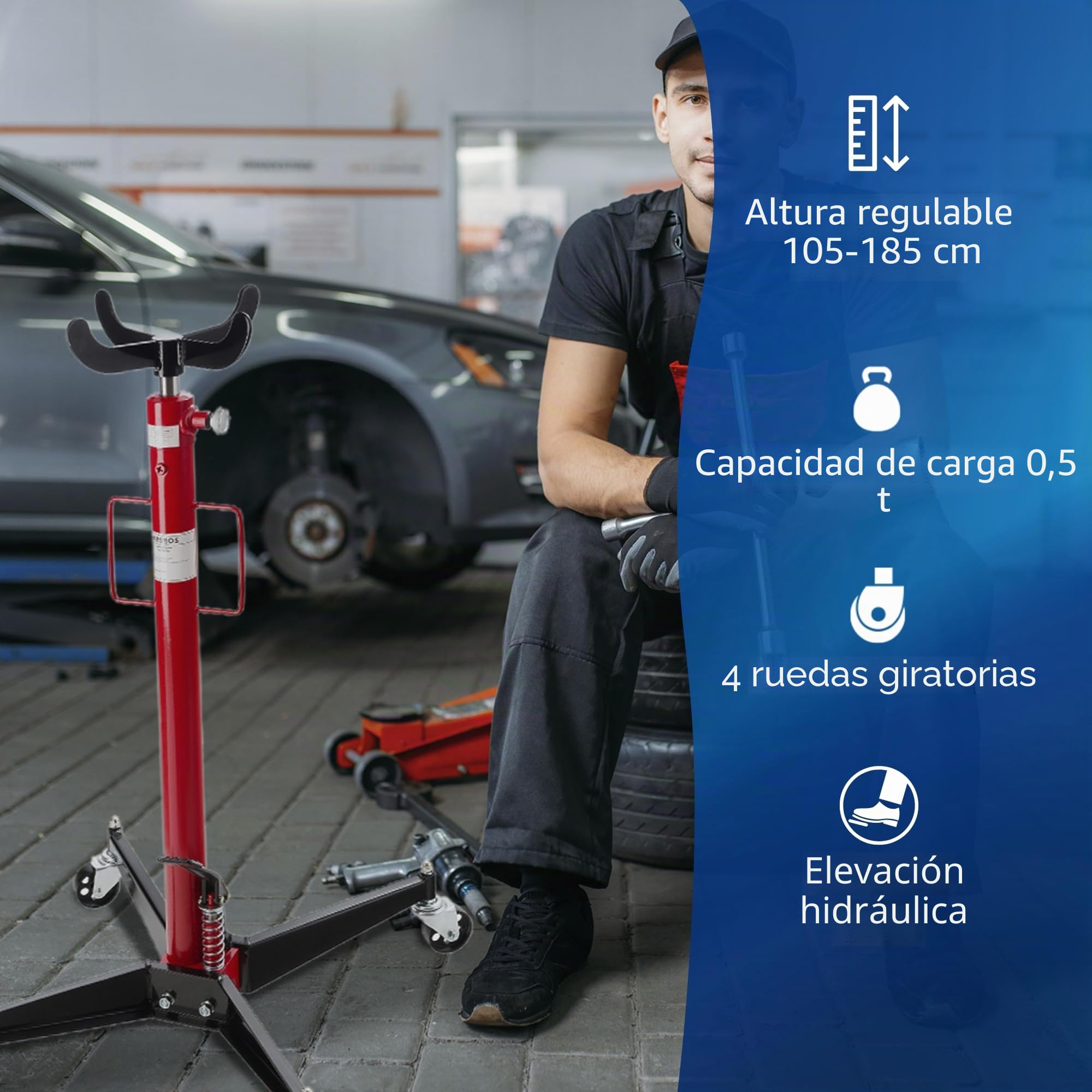 Arebos Elevador hidráulico | Elevador de Motor de 500 kg | Altura de Trabajo 105-185 cm | 4 Ruedas giratorias con Pedal Incluido | Regulable sin escalonamientos | Hidráulico | Rojo/Negro