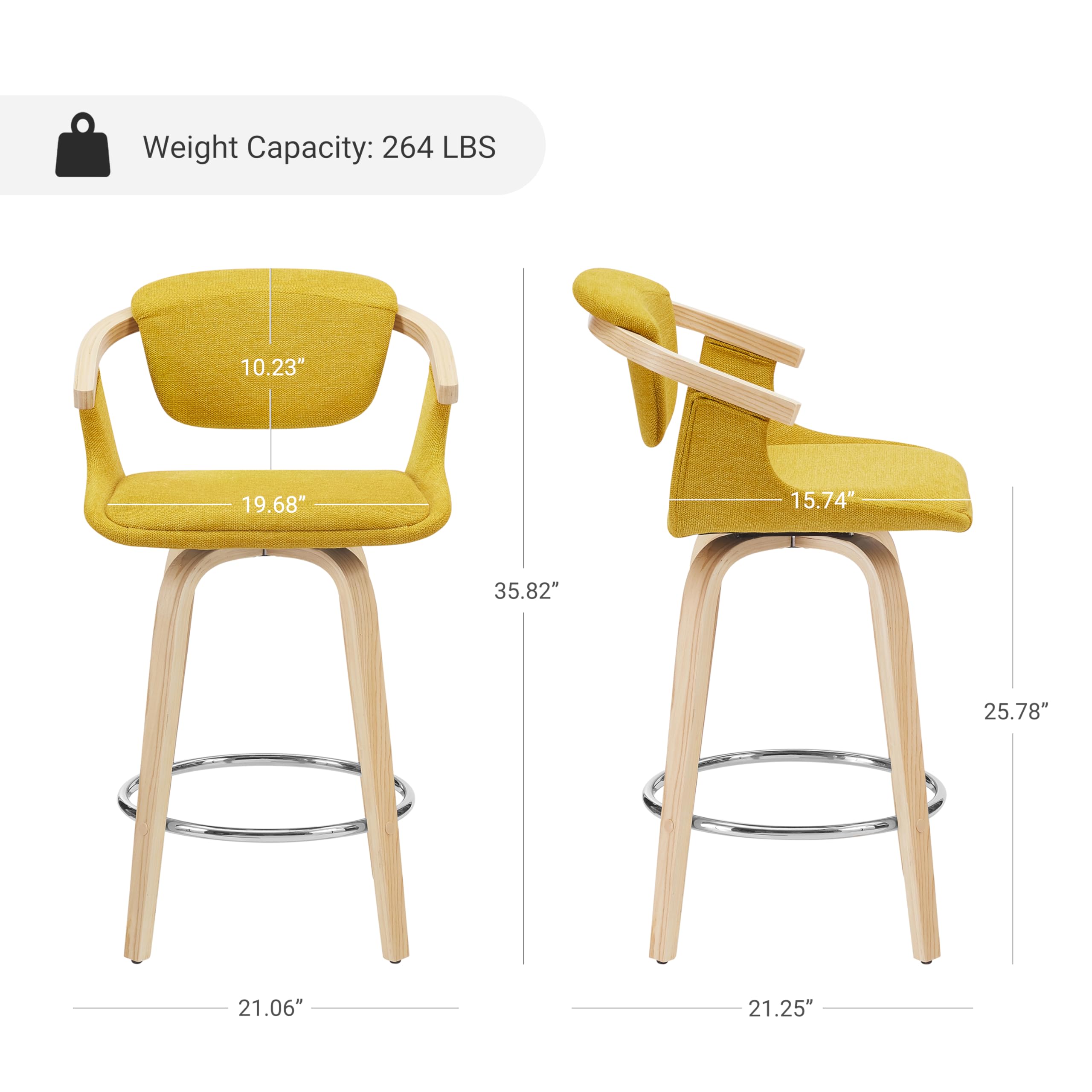 Zouron Set di 2 sgabelli da bancone in legno (noce), sgabelli da bar girevoli con schienale (poliestere), sgabelli da bancone, per isola cucina, bar, Giallo