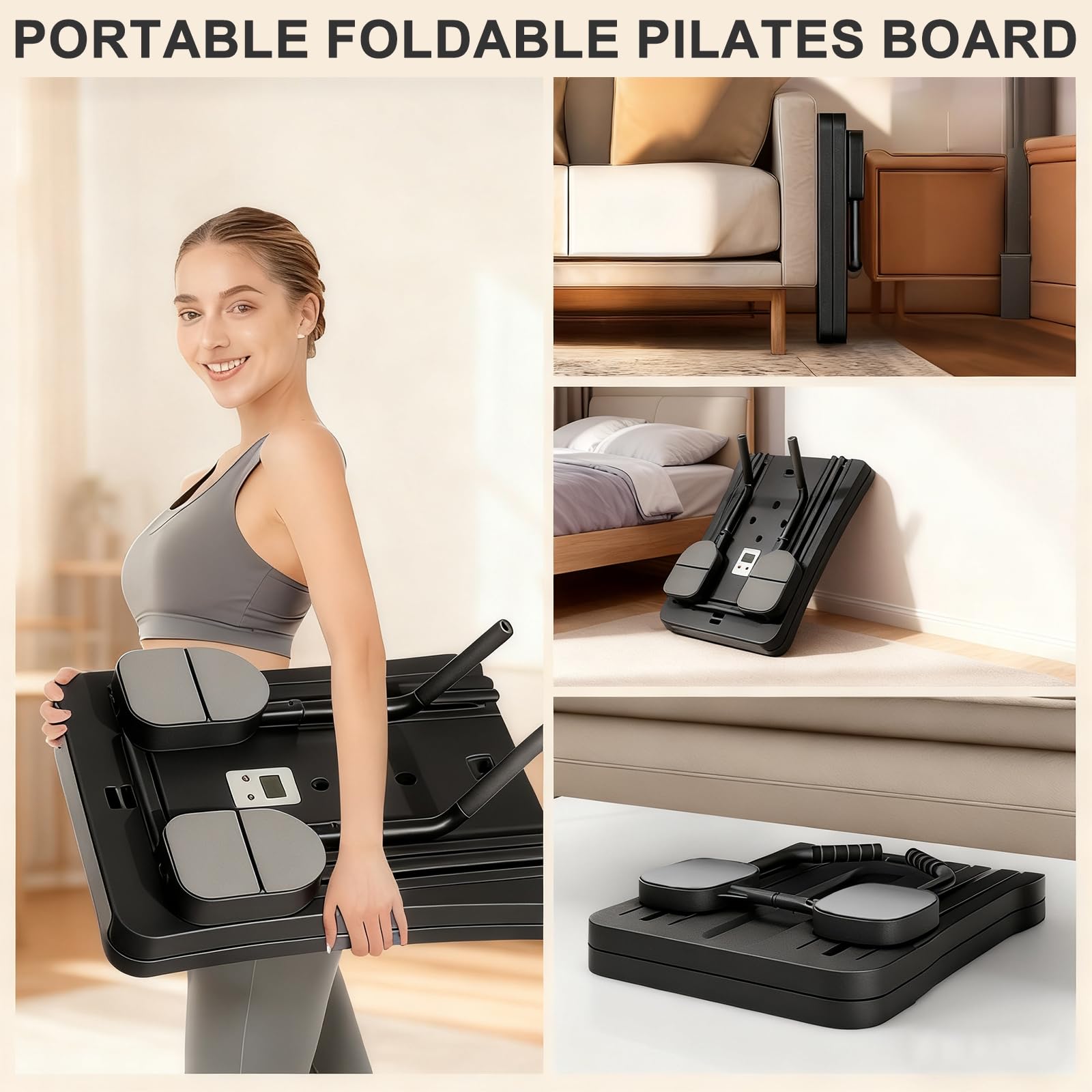 Roadtime Reformateur Pilates 6 en 1 Amélioré Pliable Ensemble et minuteur,Compact de Plateau Pilates pour la Protection des Genoux et Entraîneur Multifonctionnel, Planche Abdominale avec Rebond BK