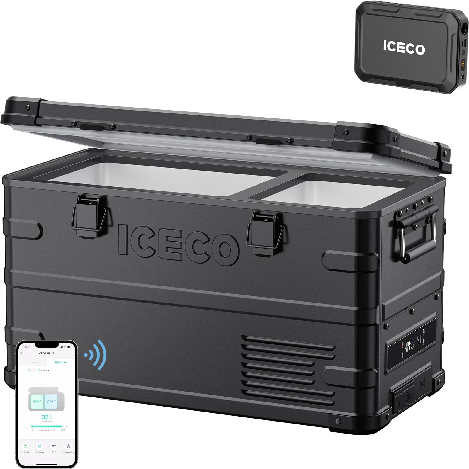 ICECO APL35 Dual Zone Portable Fridge Freezer with Battery, 12 Volt Car Refrigerator, 37 Quart Aluminum Electric Cooler, -4℉~68℉, 12/24V DC, 100-240V AC, Camper Teardrop Ideal for Camping, Outdoor