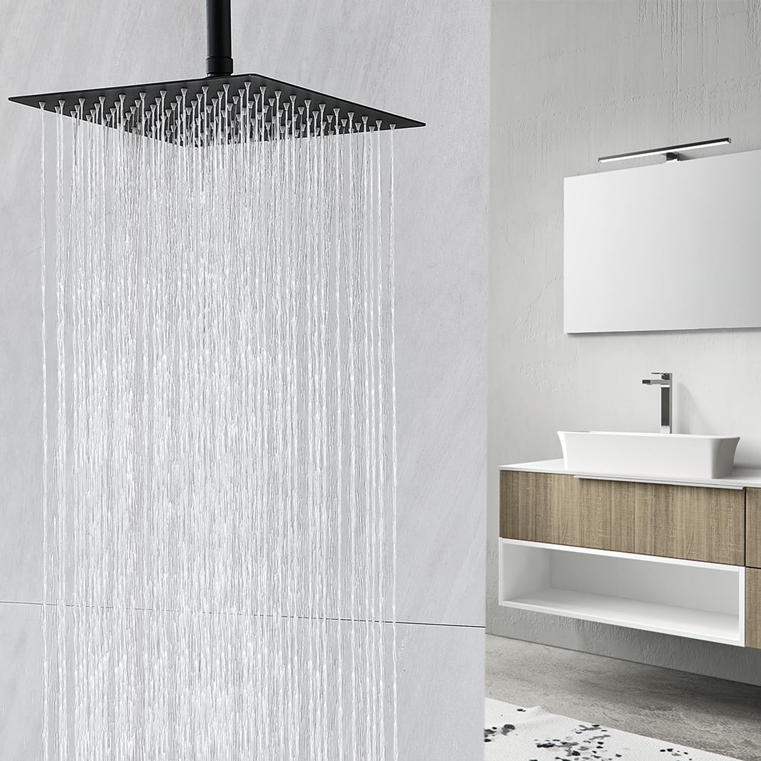 Rain Shower Head, 10 Inches Rainfall Shower Head Square, Large Stainless Steel Bathroom Waterfall Showerhead High Pressure, Overhead Flat Big Replacement Head, Ceiling or Wall Mount, Matte Black