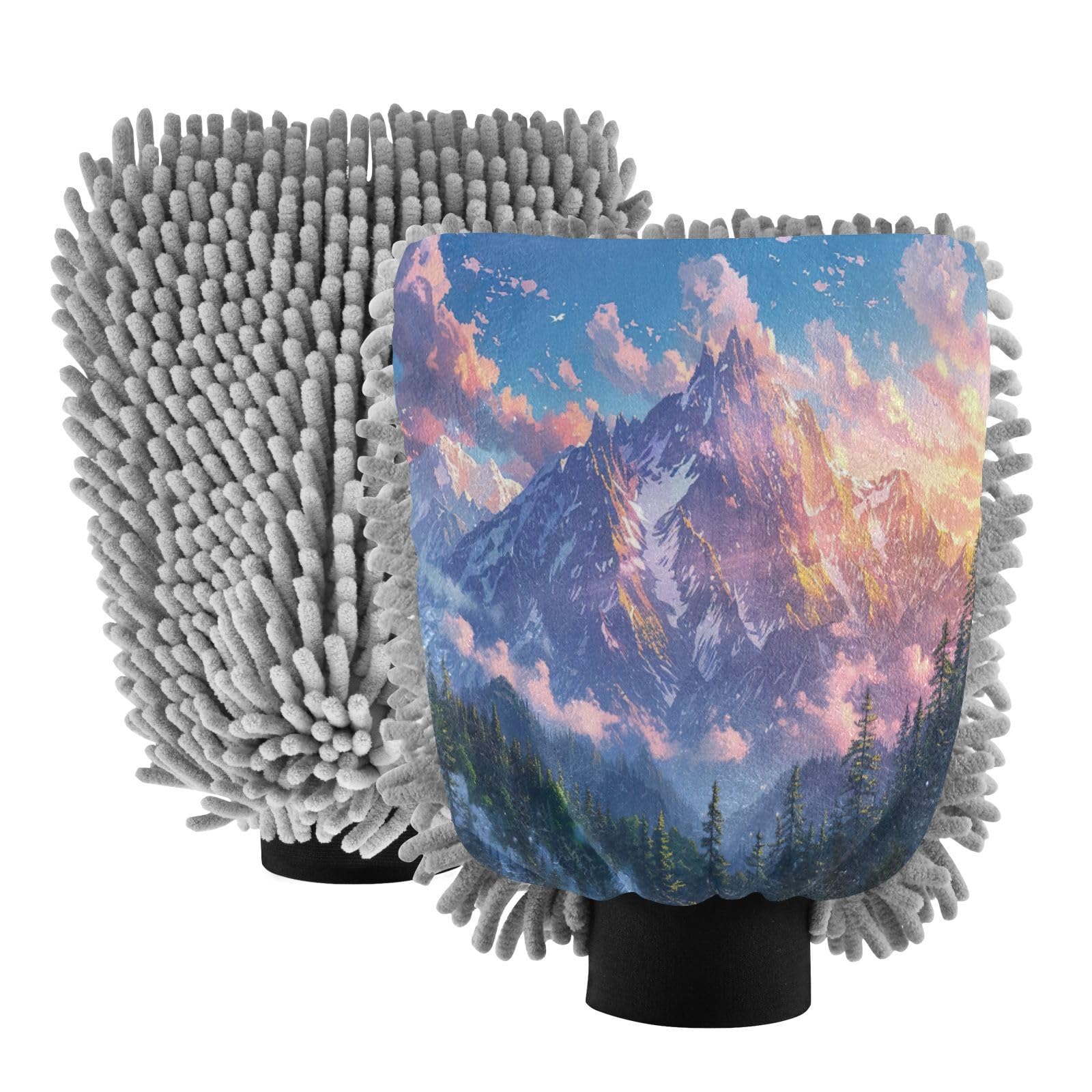 Kigai Beautiful Mountain Scenery Car Wash Mitt Microfiber, 2Pcs Scratch Free Lint-Free, Premium Chenille Microfiber Mitt Car Wash Brush-L