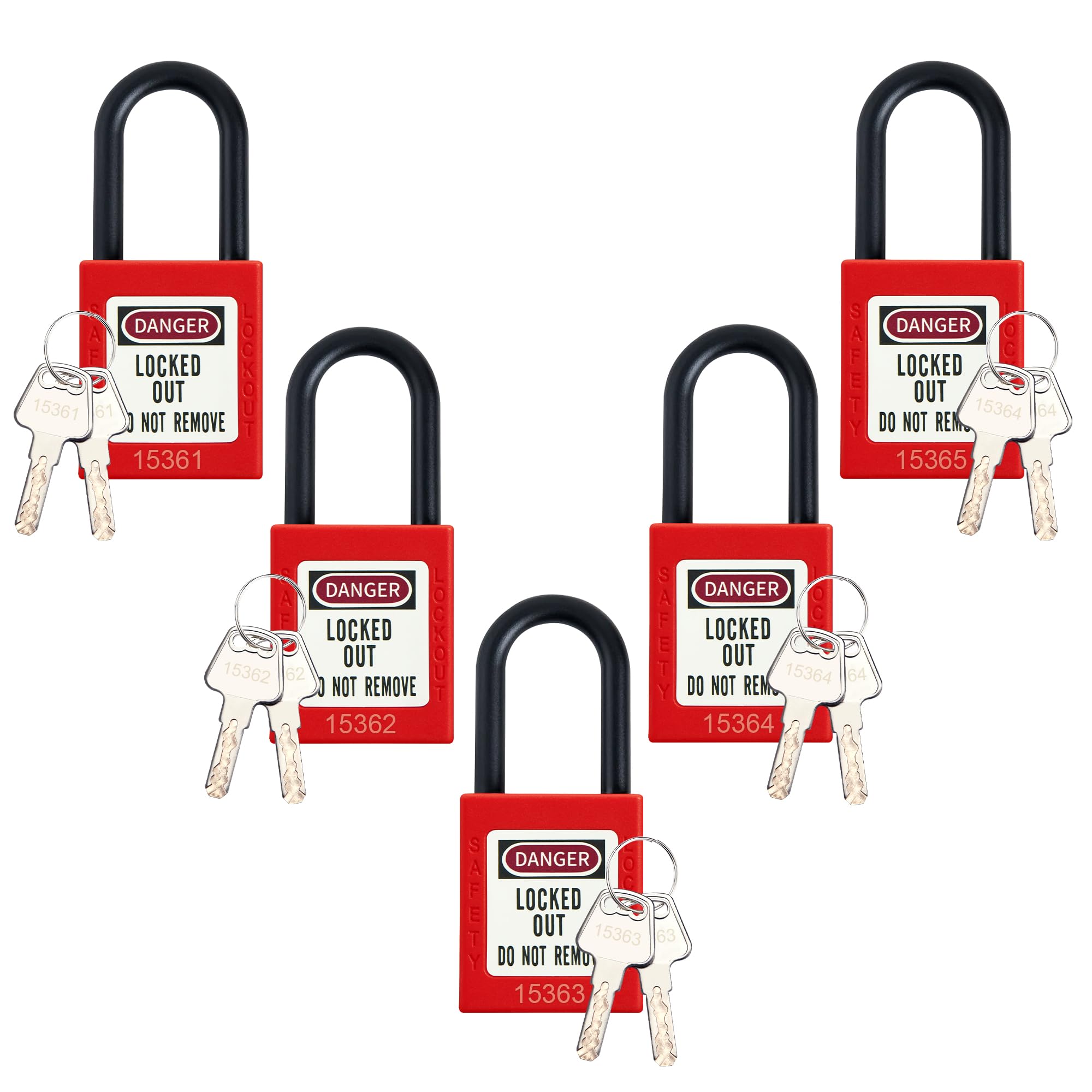 LEONAKO Lockout Tagout Locks, 5 Red Loto Lock Set, Nylon Shackle,Safety Locks Keyed Different, 2 Keys per Locks, OSHA Compliant, Different Numbers for Lock Out Tag Out Station and Devices