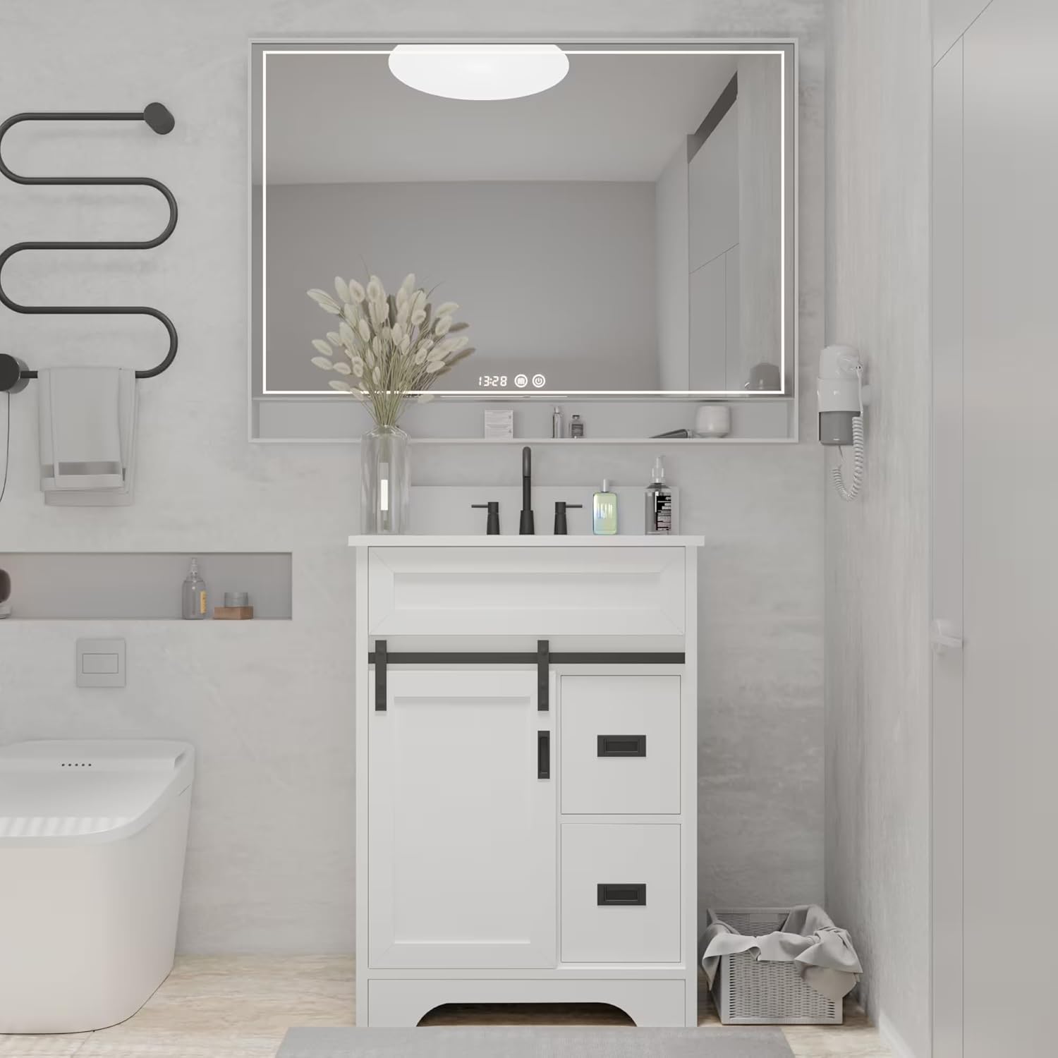 24 Inch White Bathroom Vanity with Sink, MDF+Metal Construction Farmhouse Storage Cabinet with Sliding Barn Door and 2 Drawers, Floor Standing Bathroom Vanities, White