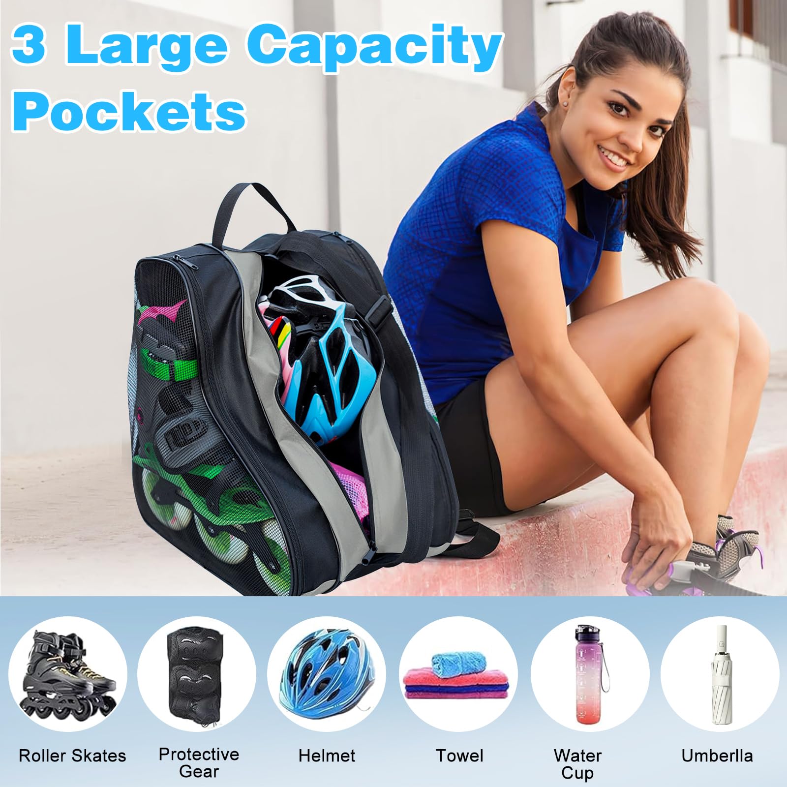 Borsa per Pattini a Rotelle Borsa Porta Pattini Ghiacci Borse per Pattini in Linea in Tessuto Oxford Borse per Pattinaggio a Rotelle con Tracolla Regolabile per Uomo e Donna, Grigio