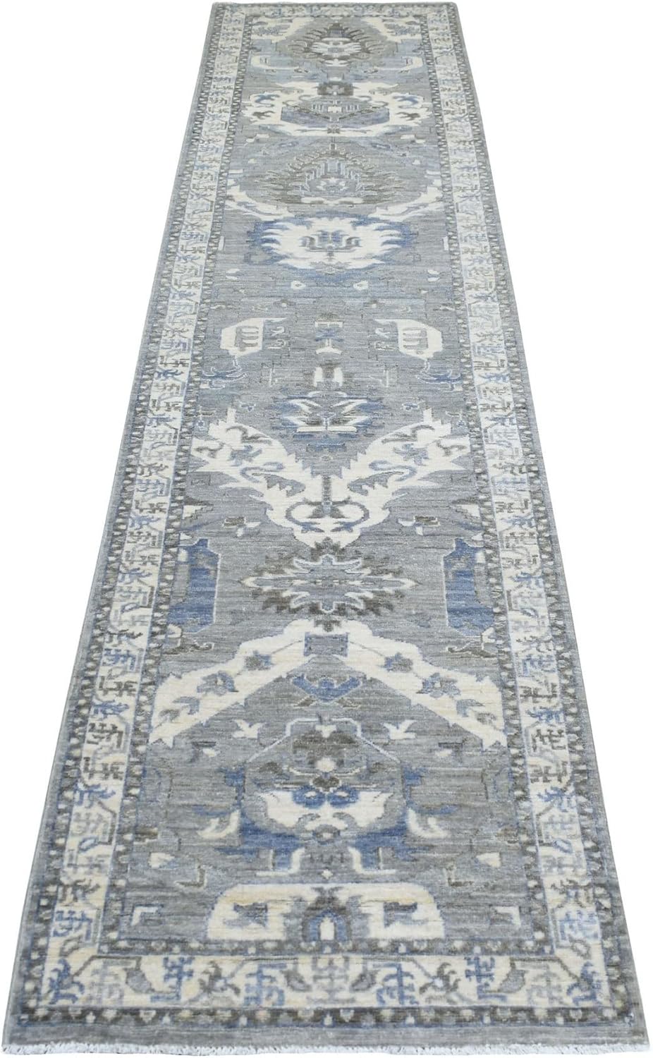Extra Soft Wool Hand Knotted Gray Afghan Peshawar with Geometric Design Oriental Runner Rug (2'6"x11'6")