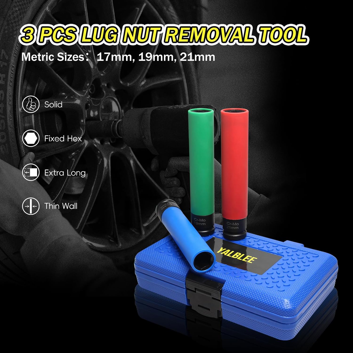 3 PCS Extra Long Lug Nut Socket Set, 1/2" Drive Impact Sockets, 17mm 19mm 21mm 6'' Metric For Thin Wall Deep Socket, Non-Marring Wheel Sockets sets with Colored Protectors Covers & Carry Case