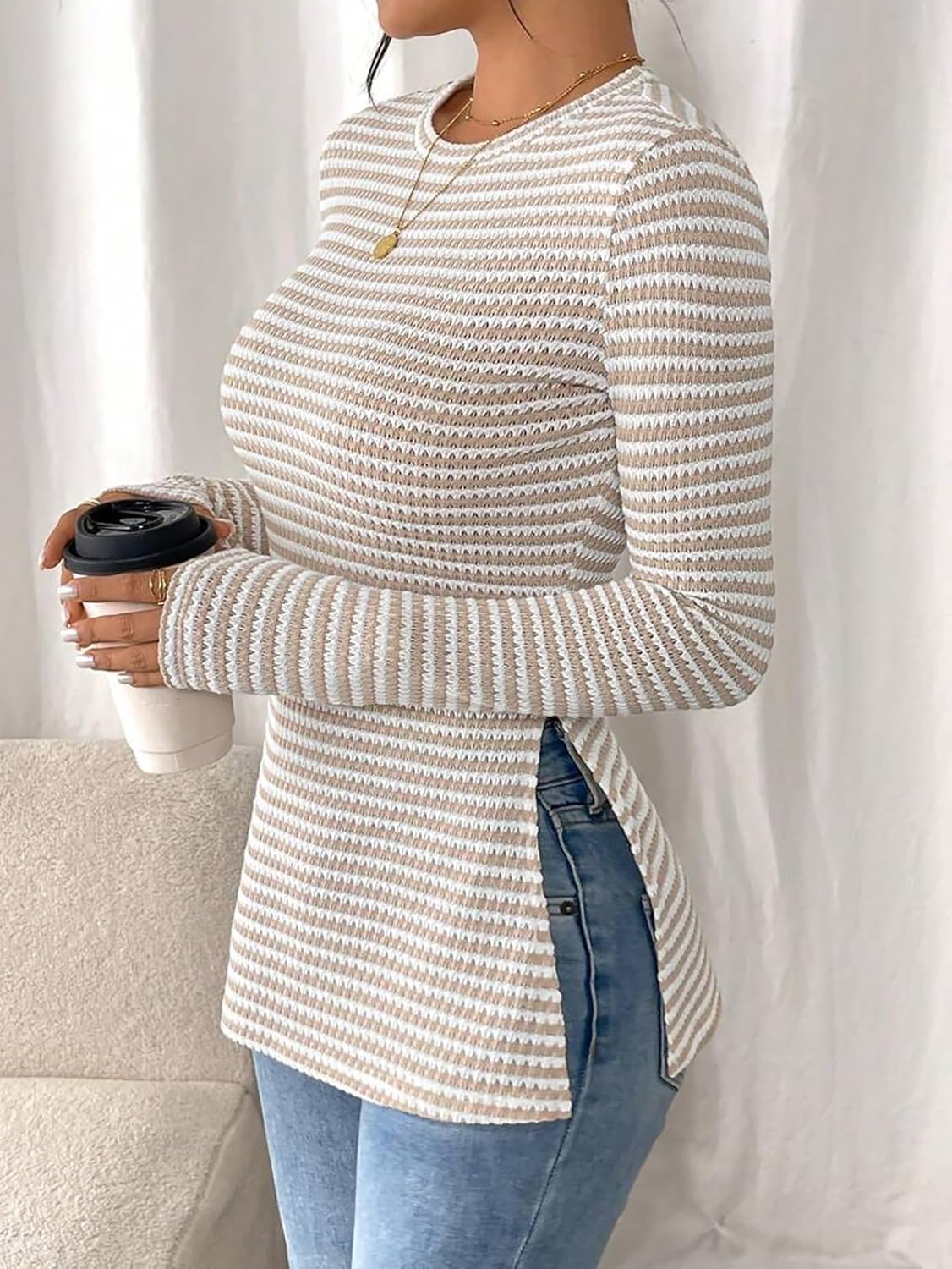 Women's Long Sleeve Waffle Knit Shirts Casual Slim Fitted Side Slit Crew Neck Tops Basic Tee 2025 Fall Trendy Outfits - Image 2